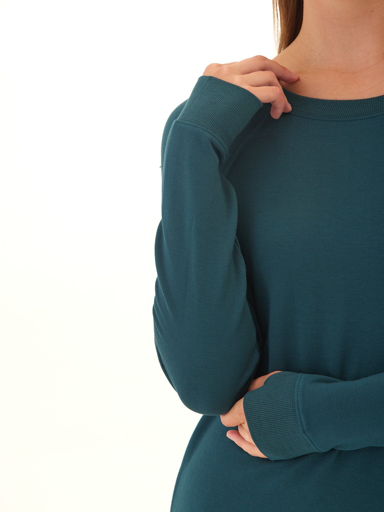 Priscilla Feather Fleece Raglan Sweatshirt in Deep Teal