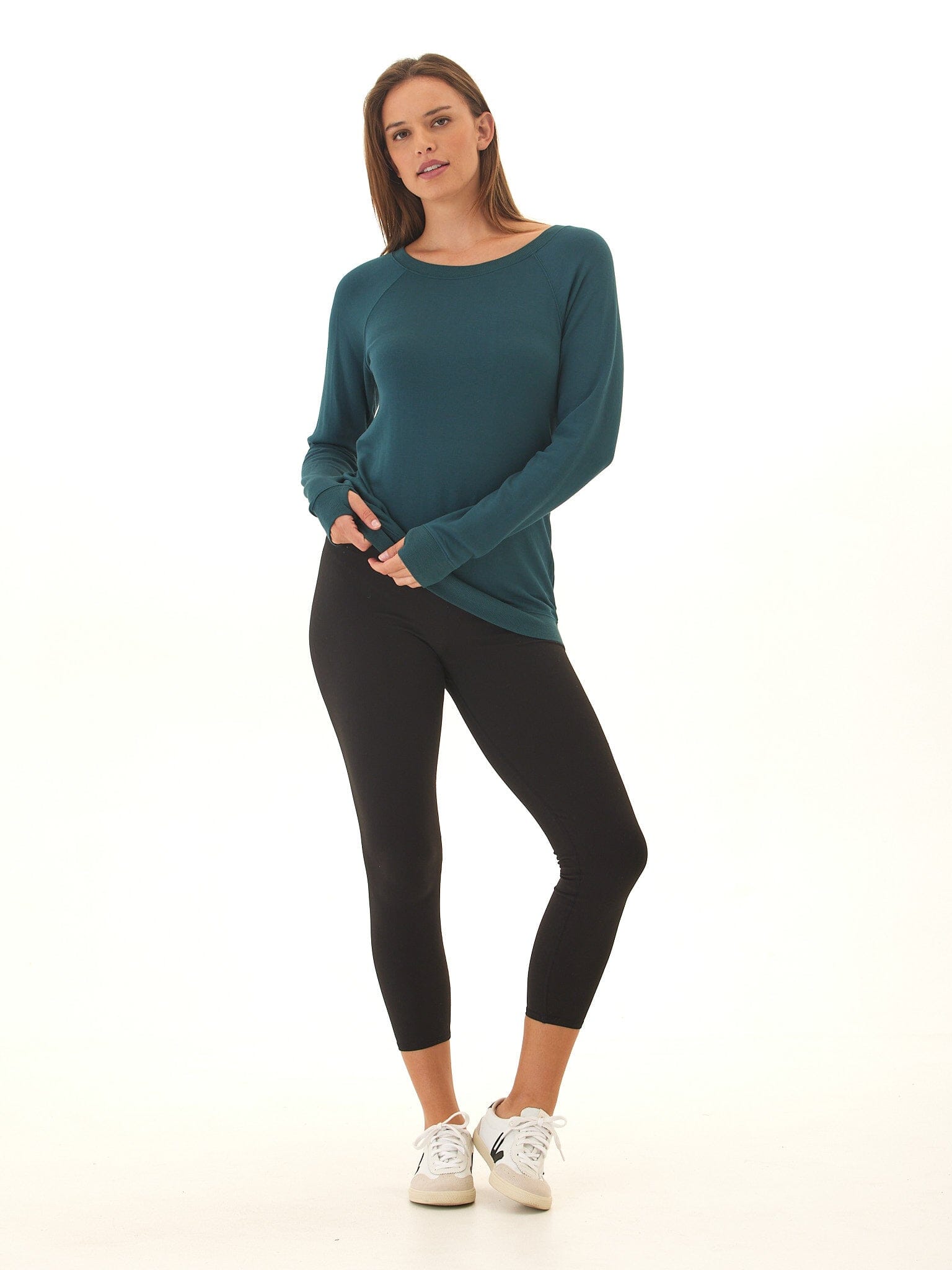 Priscilla Feather Fleece Raglan Sweatshirt in Deep Teal
