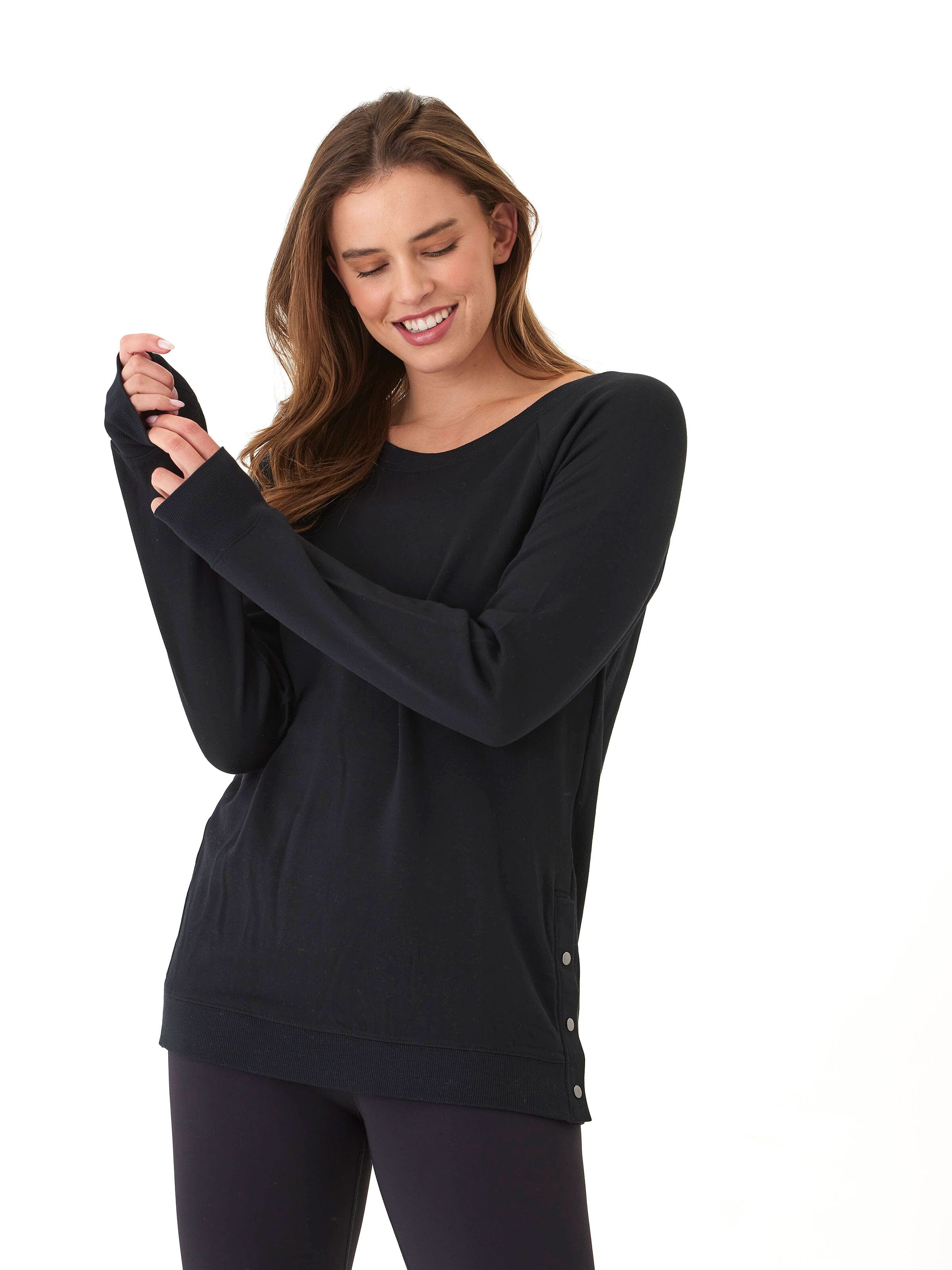 Black Roberta Feather Fleece Snap Button Sweatshirt with a soft, drapey knit texture.