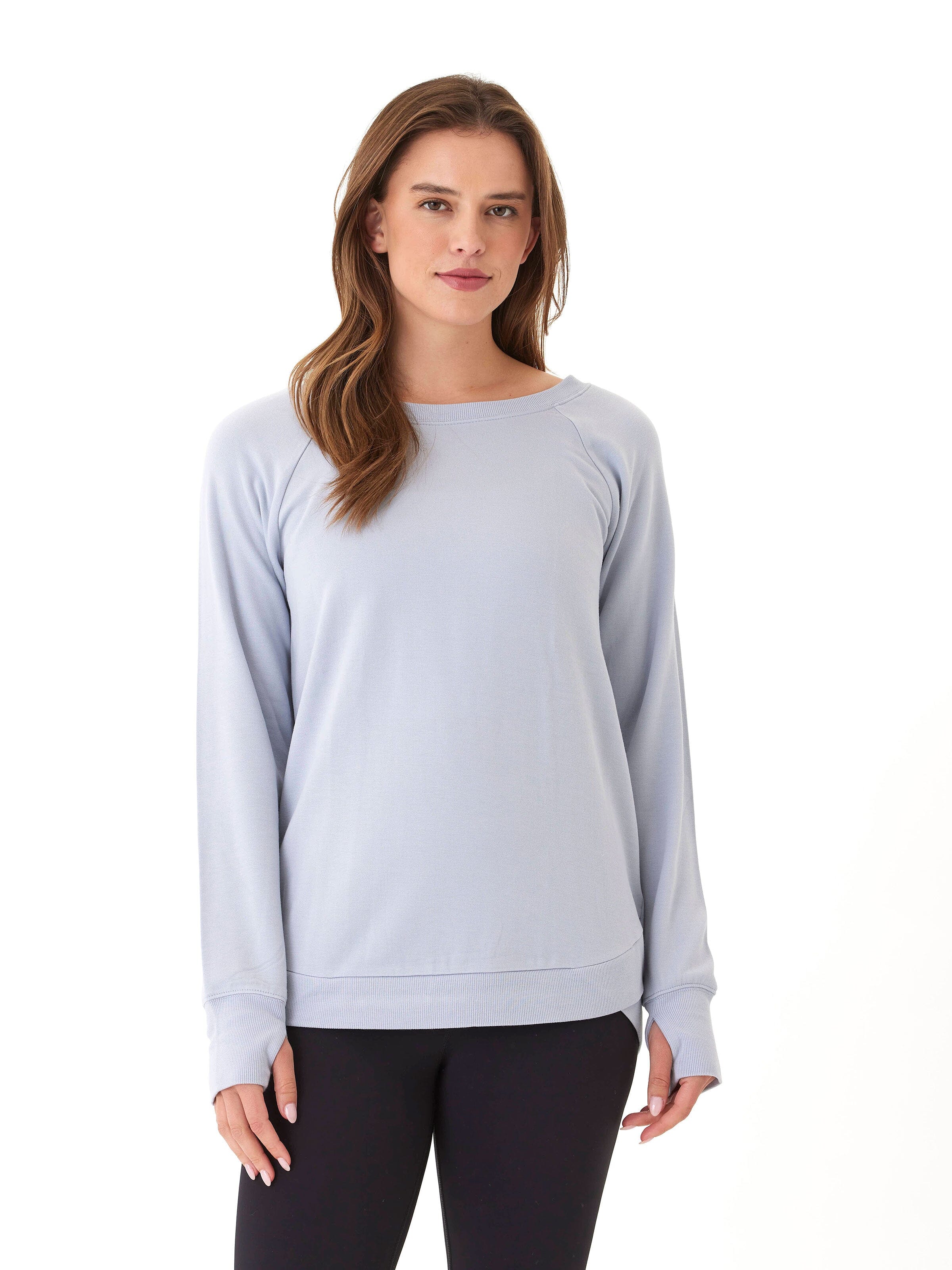 Roberta Feather Fleece Snap Button Tunic Sweatshirt in Light Blue
