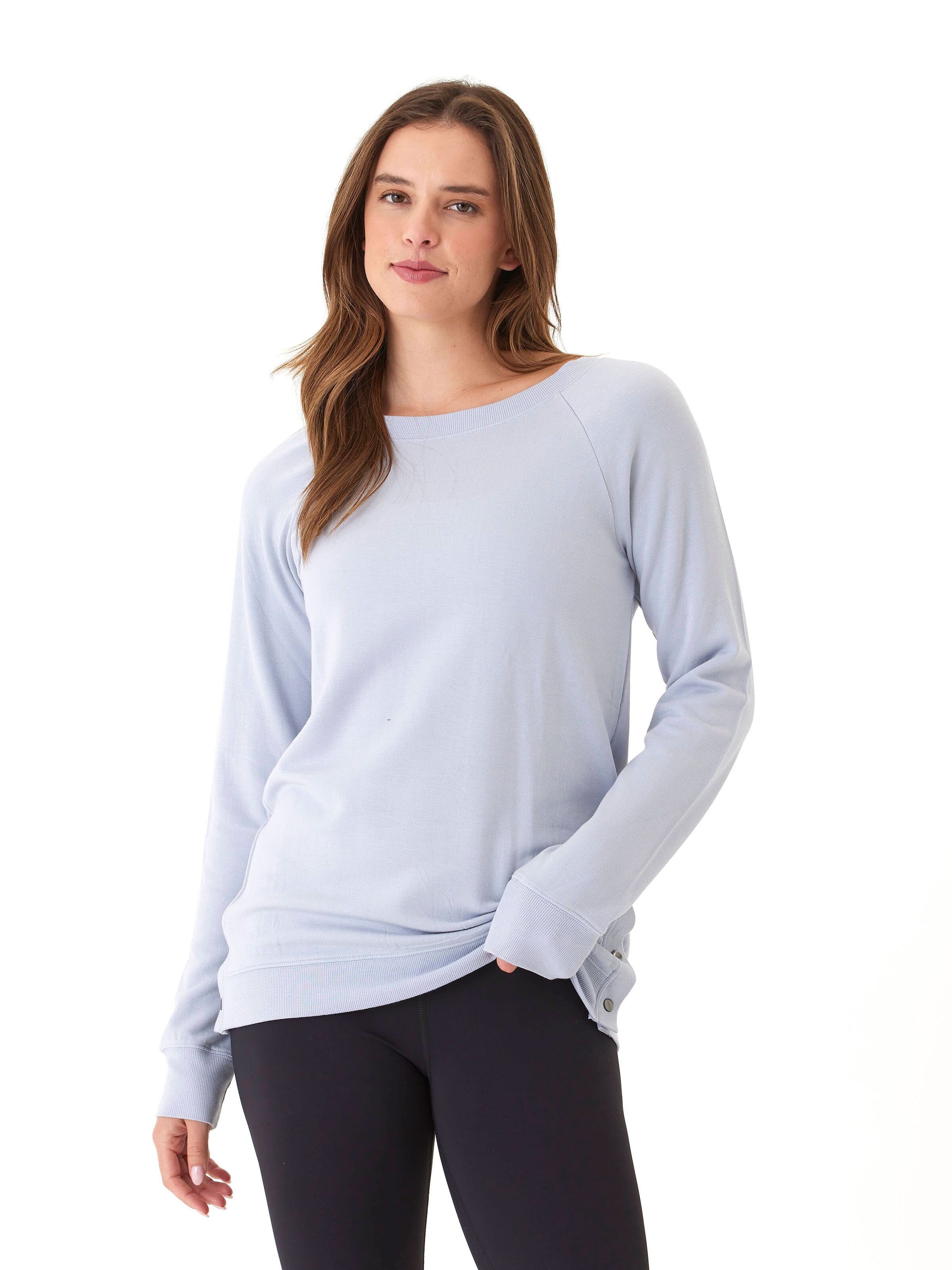Roberta Feather Fleece Snap Button Tunic Sweatshirt in Light Blue