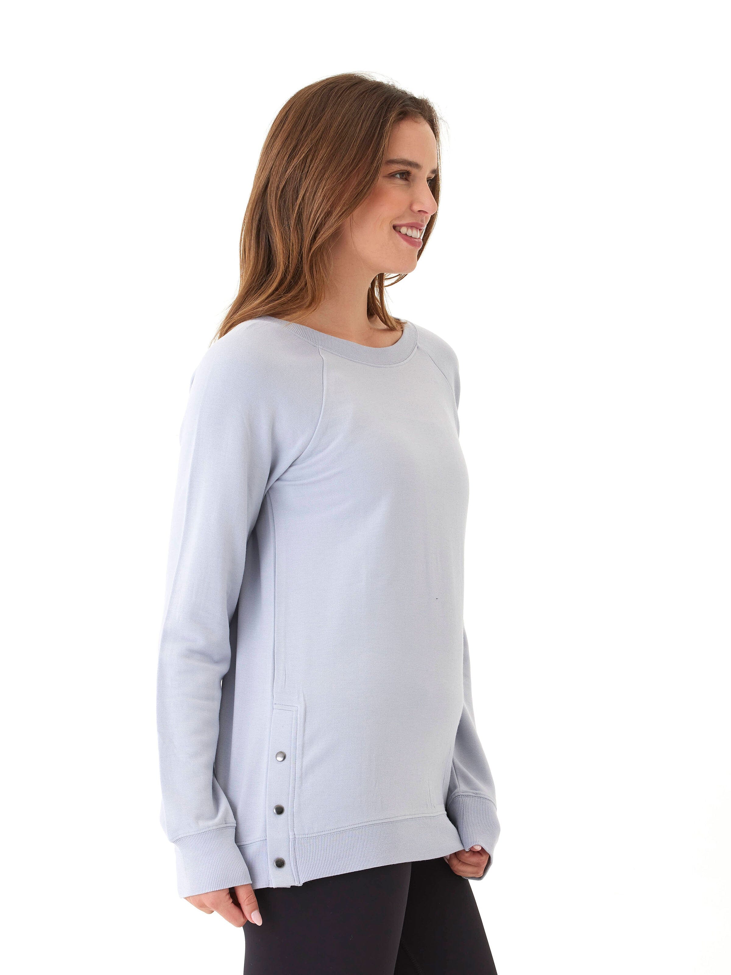 Roberta Feather Fleece Snap Button Tunic Sweatshirt in Light Blue