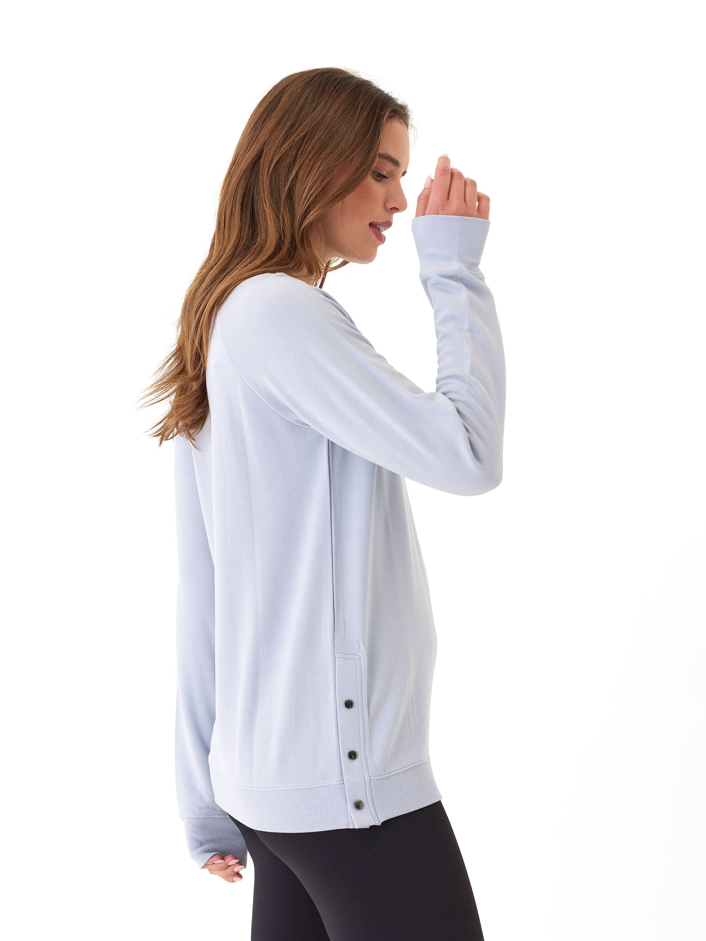 Roberta Feather Fleece Snap Button Tunic Sweatshirt in Light Blue