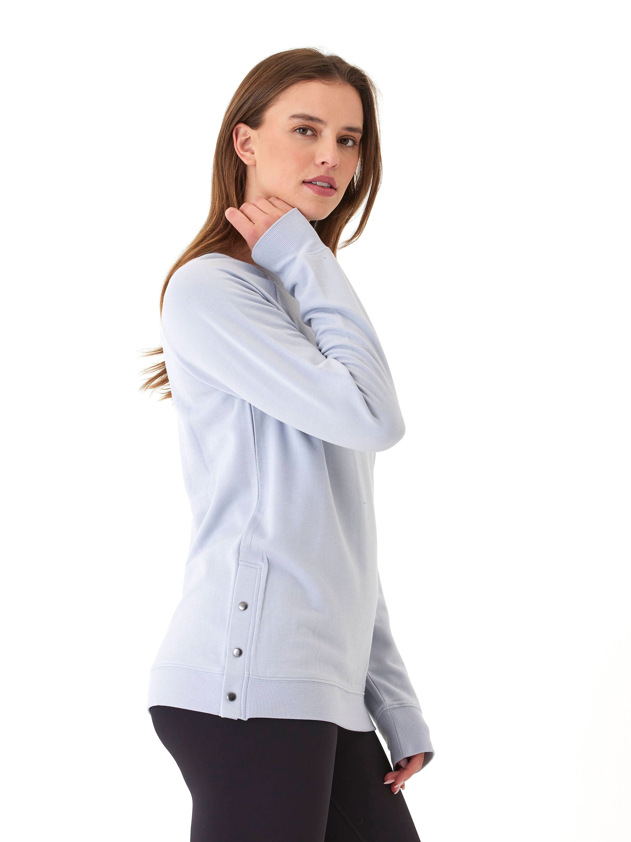 Roberta Feather Fleece Snap Button Tunic Sweatshirt in Light Blue