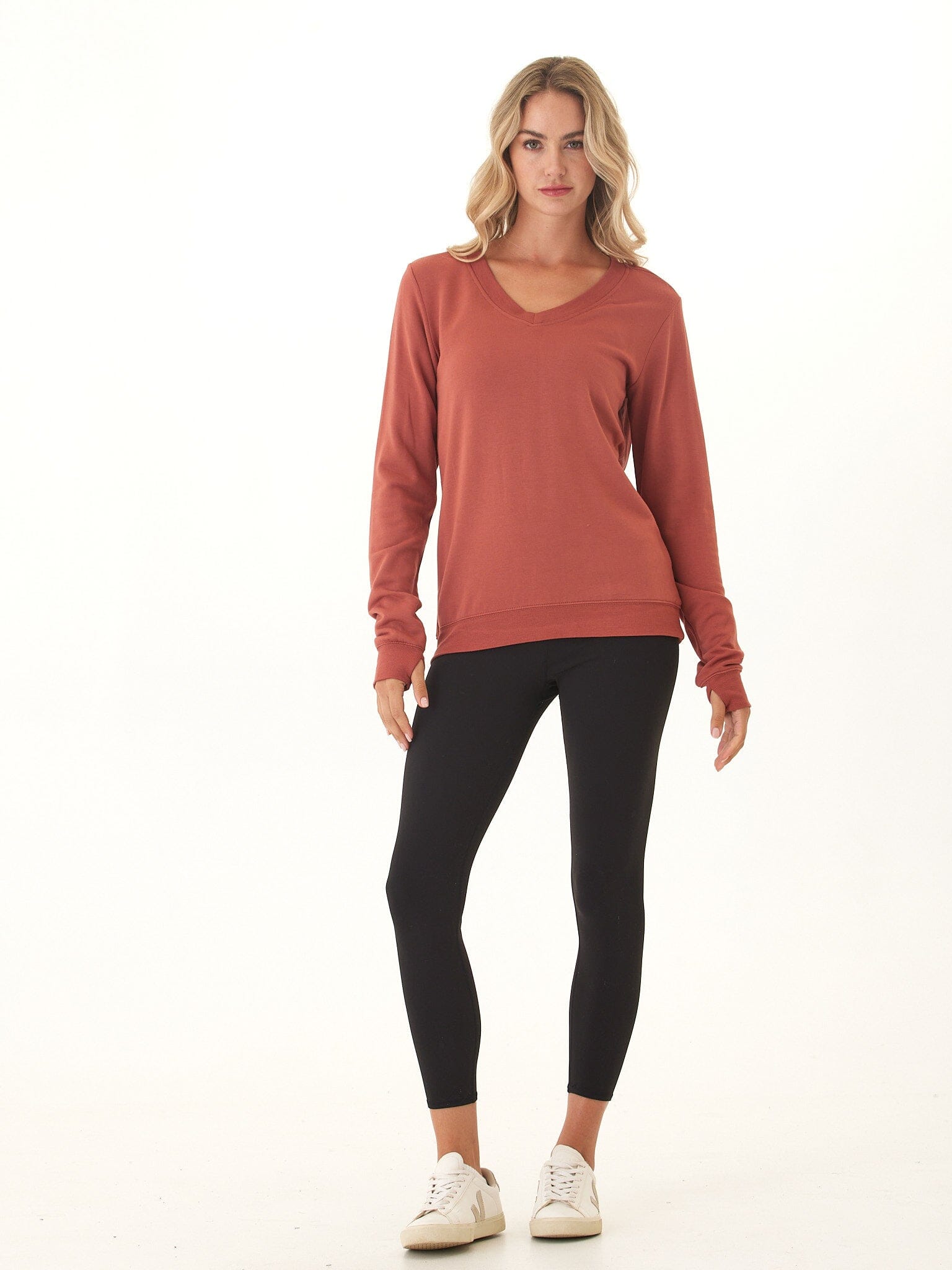 Edwina Feather Fleece V-Neck Sweatshirt in Rust & Terracotta