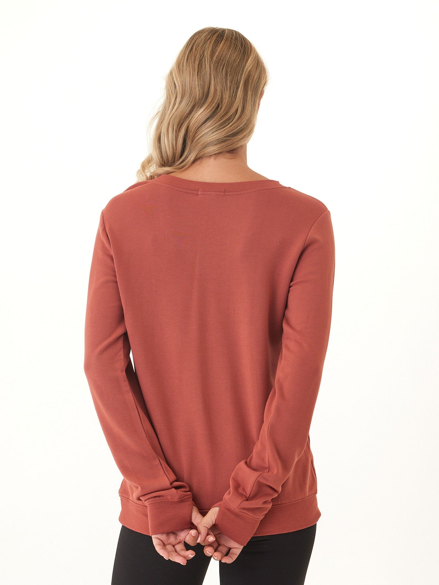 Edwina Feather Fleece V-Neck Sweatshirt in Rust & Terracotta