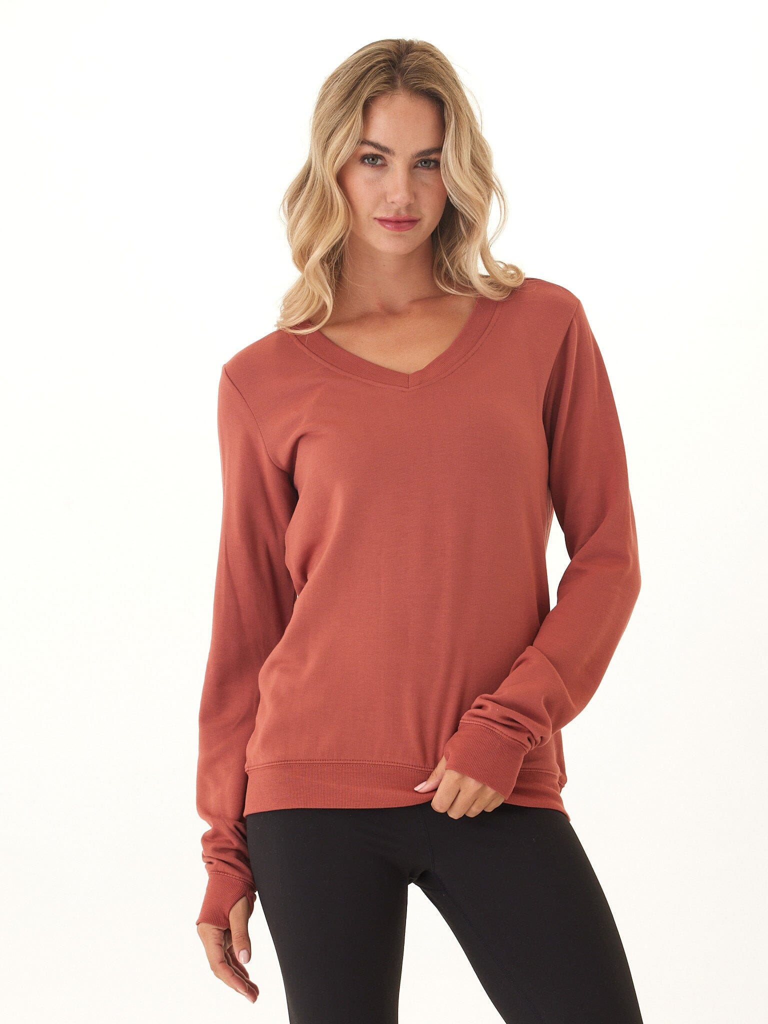 Edwina Feather Fleece V-neck sweatshirt in rust and terracotta colors