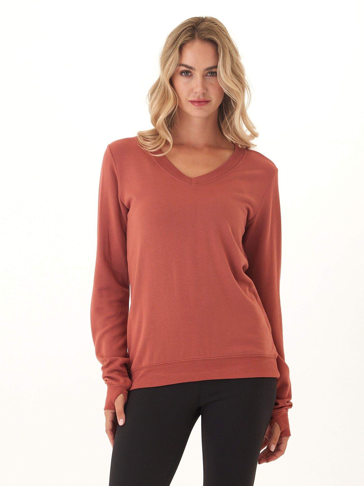 Edwina Feather Fleece V-Neck Sweatshirt in Rust & Terracotta