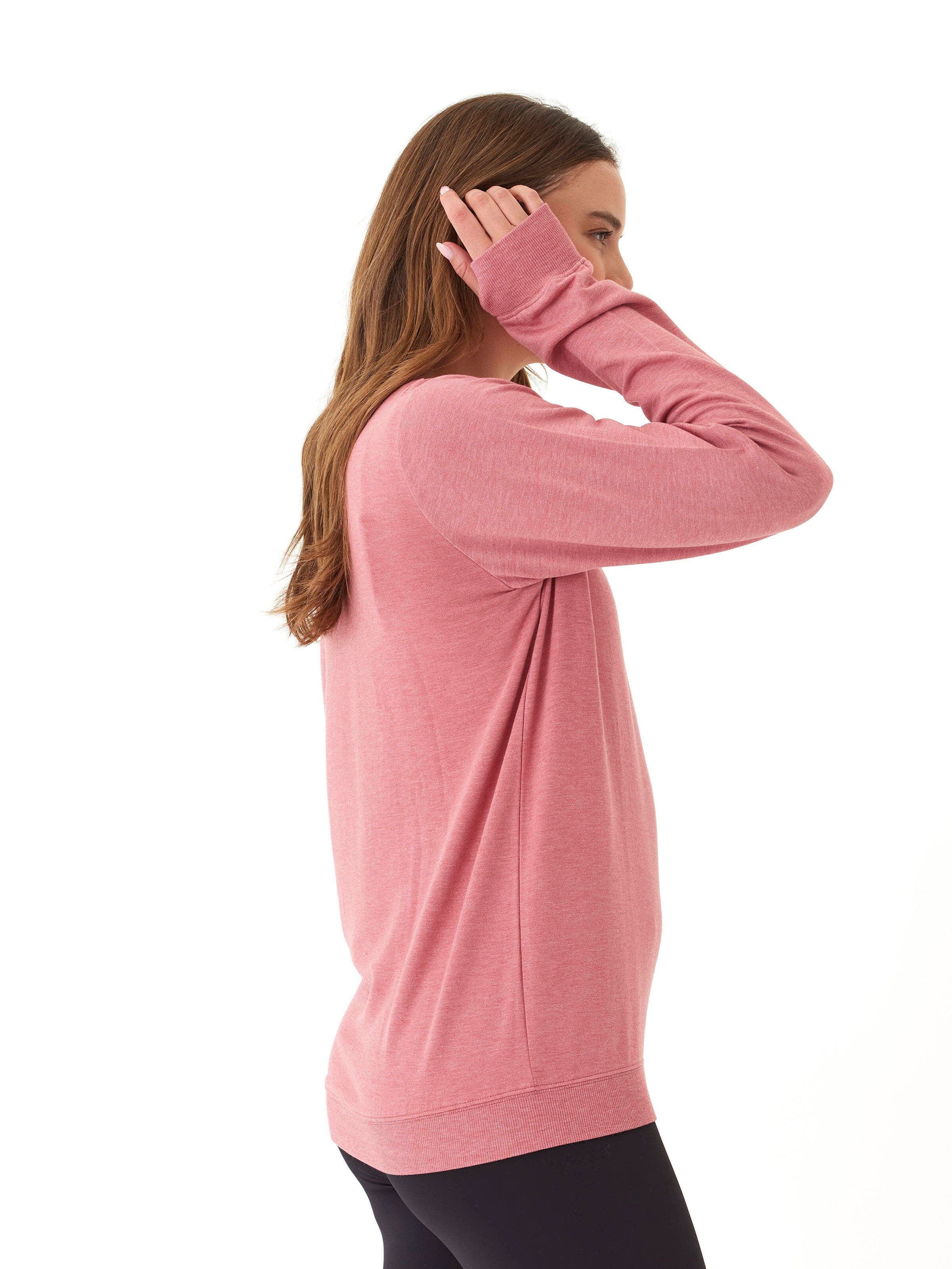 Edwina Feather Fleece V-Neck Sweatshirt with Thumbholes