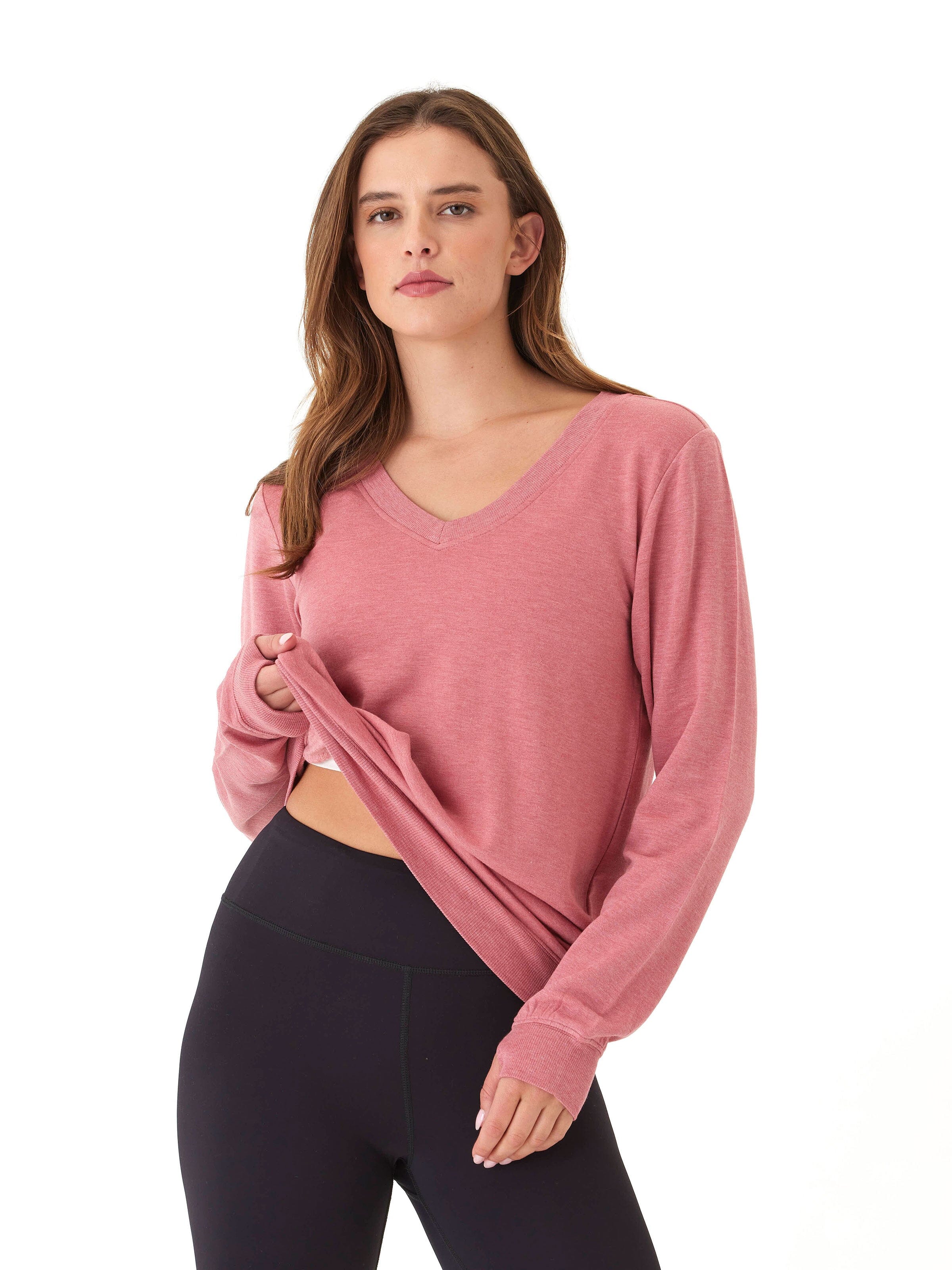 Edwina Feather Fleece V-Neck Sweatshirt with Thumbholes