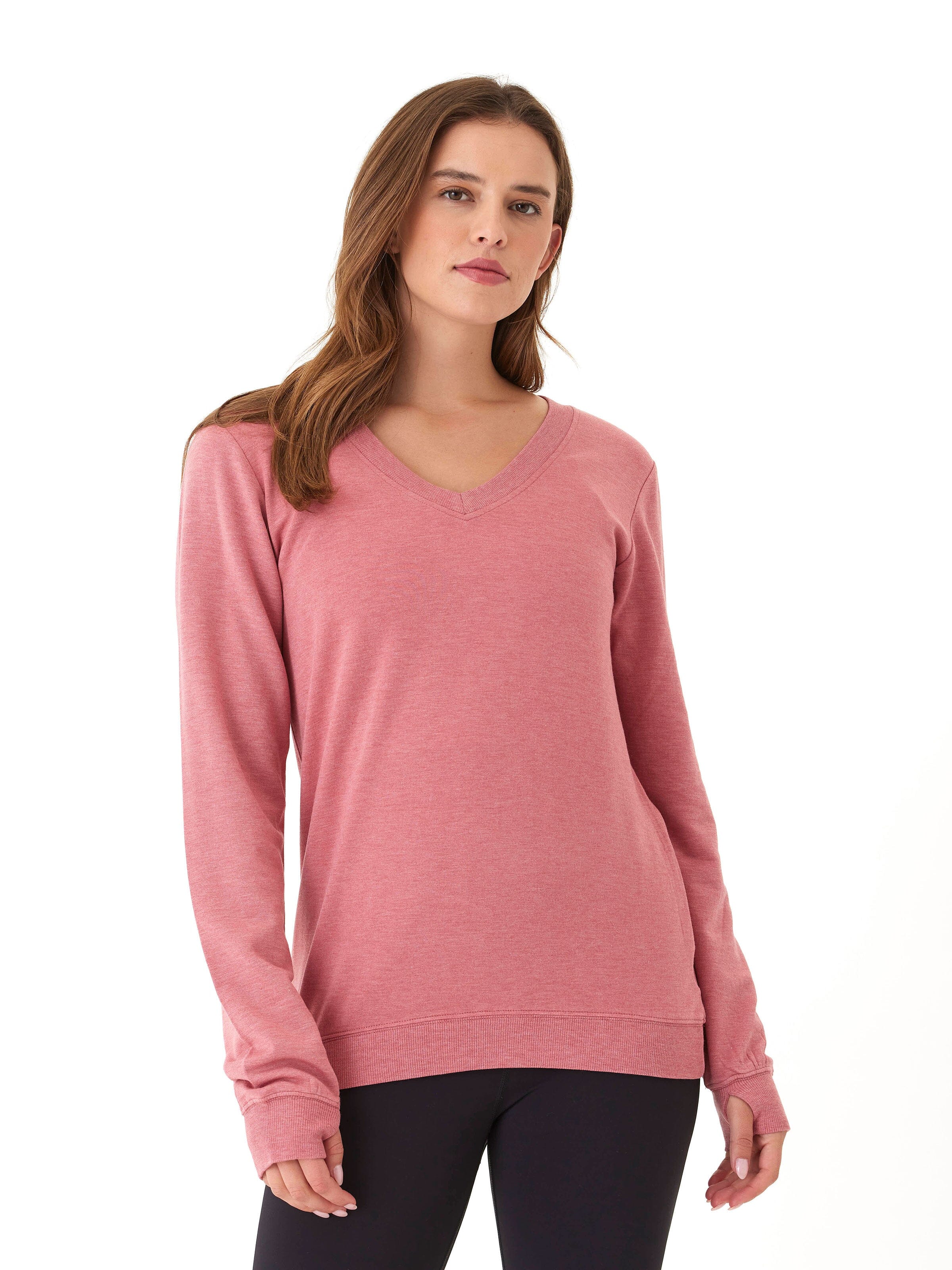 Edwina Feather Fleece V-Neck Sweatshirt with Thumbholes