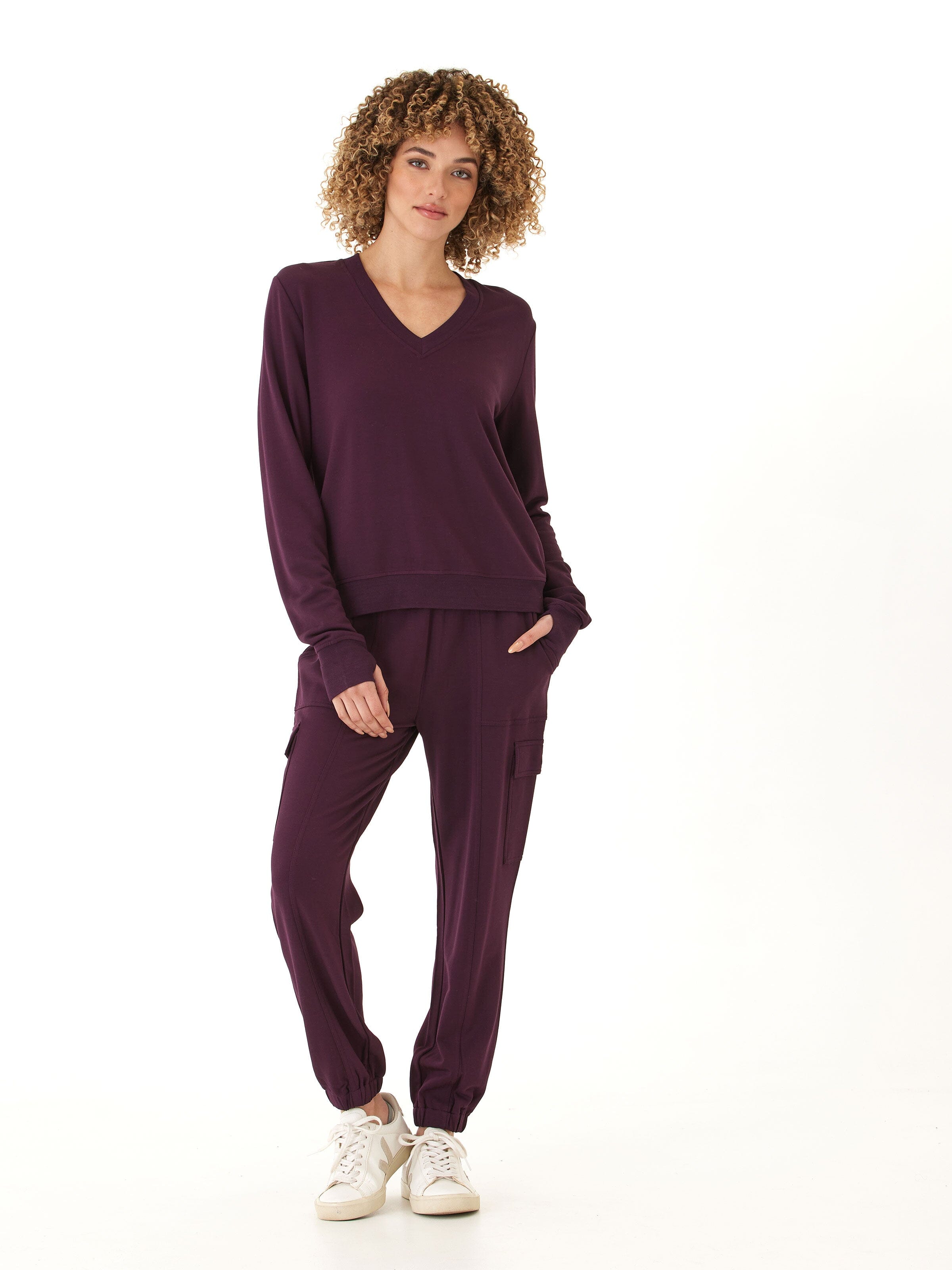Margot Feather Fleece Cargo Jogger in Deep-Plum & Eggplant
