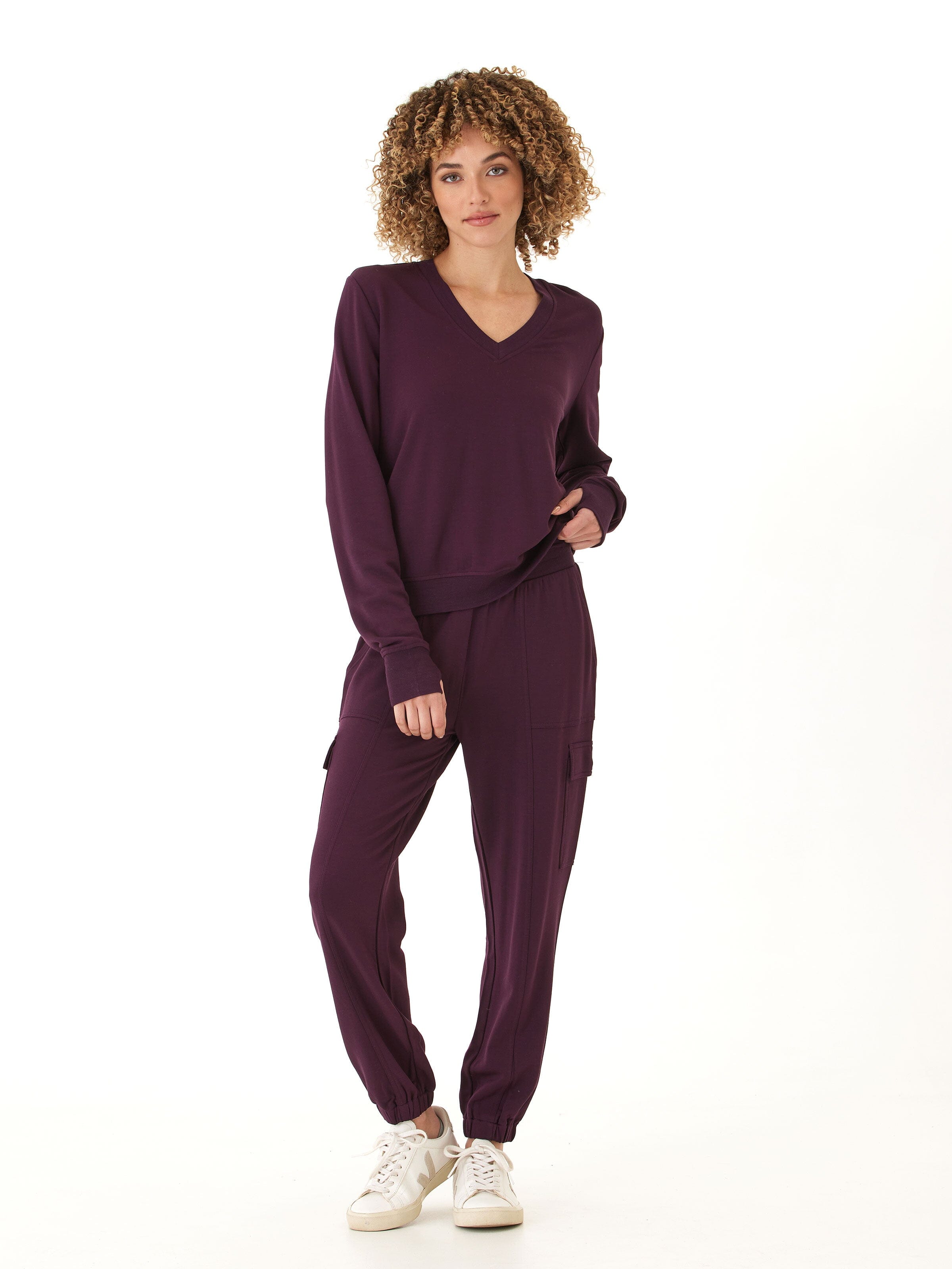 Margot Feather Fleece Cargo Jogger in Deep-Plum & Eggplant