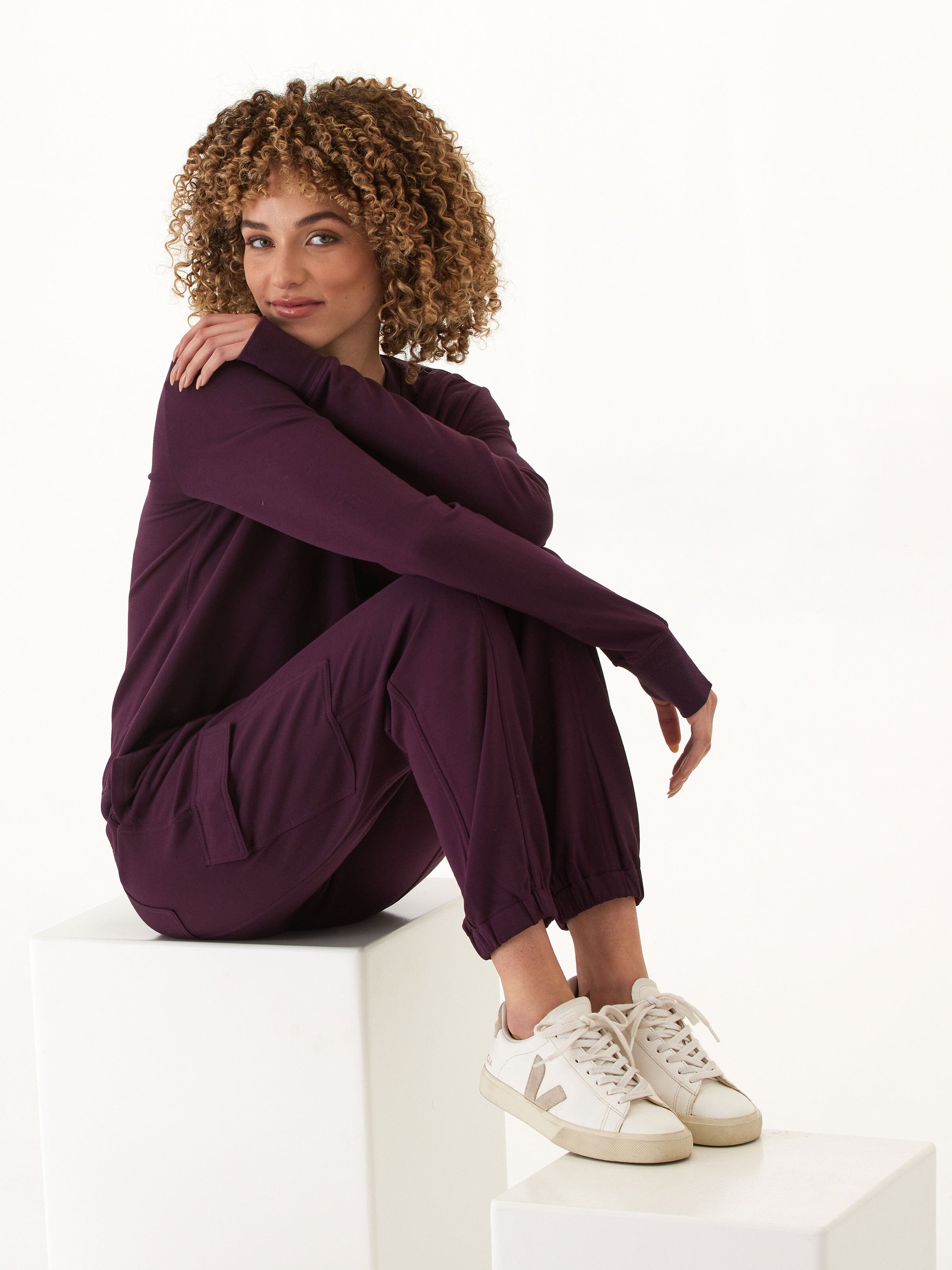 Margot Feather Fleece Cargo Jogger in Deep-Plum & Eggplant
