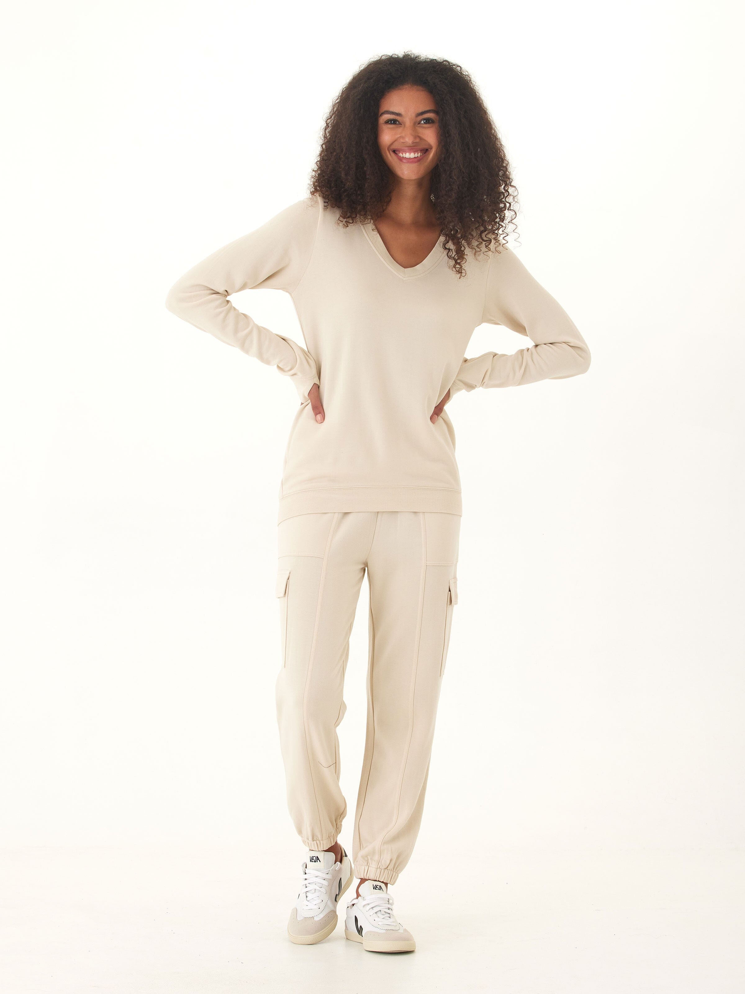 Margot Feather Fleece Cargo Jogger in Beige & Cream
