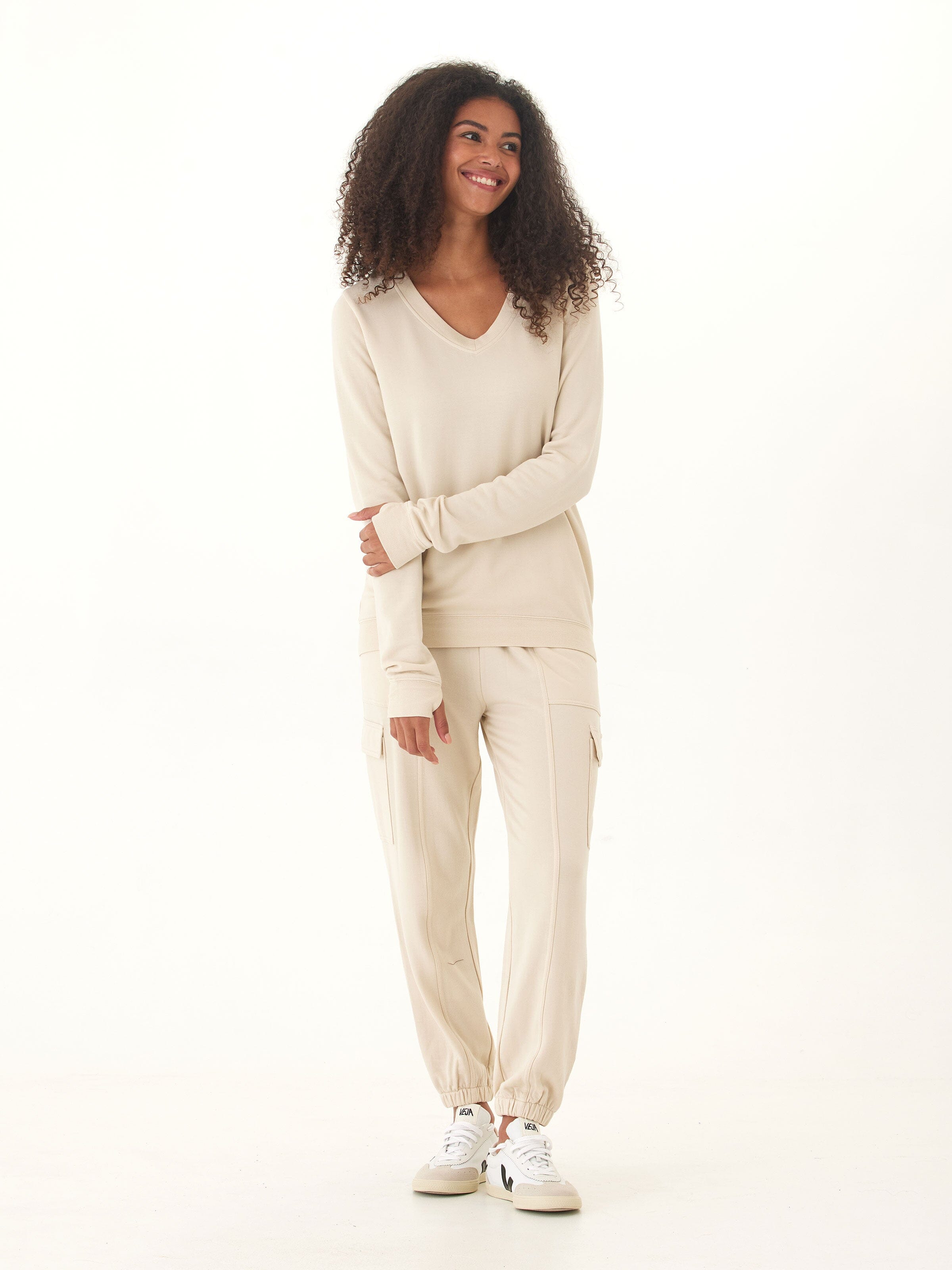 Margot Feather Fleece Cargo Jogger in Beige & Cream