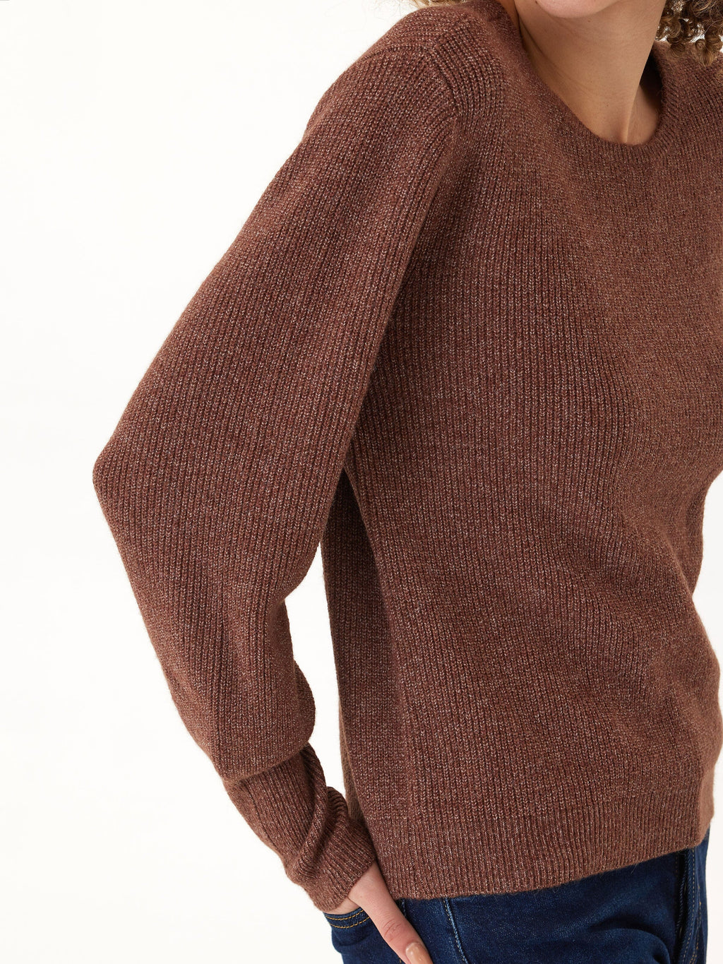 Avalee Cozy Brown Ribbed Knit Crewneck Sweater for Women
