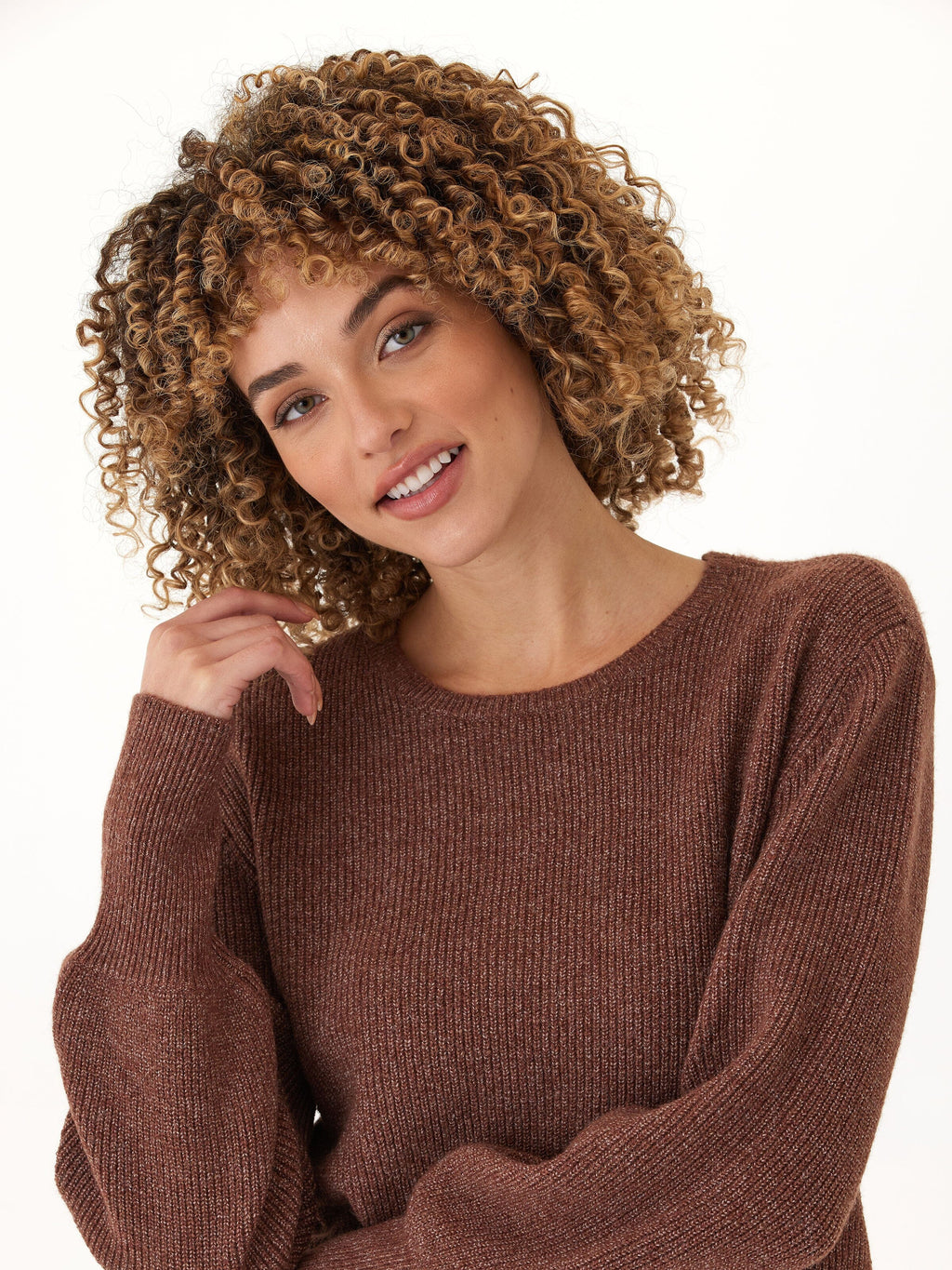 Avalee Cozy Brown Ribbed Knit Crewneck Sweater for Women