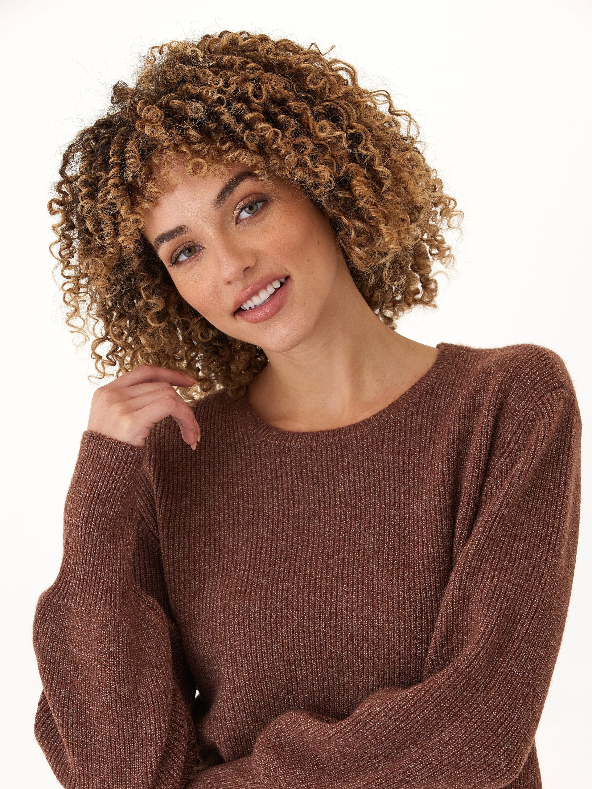 Avalee Cozy Brown Ribbed Knit Crewneck Sweater for Women