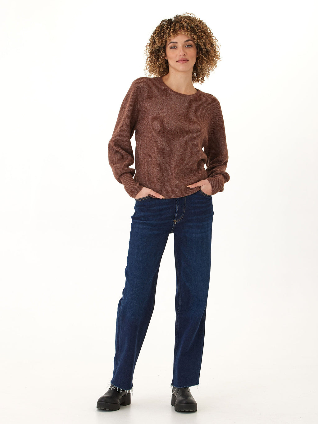 Avalee Cozy Brown Ribbed Knit Crewneck Sweater for Women
