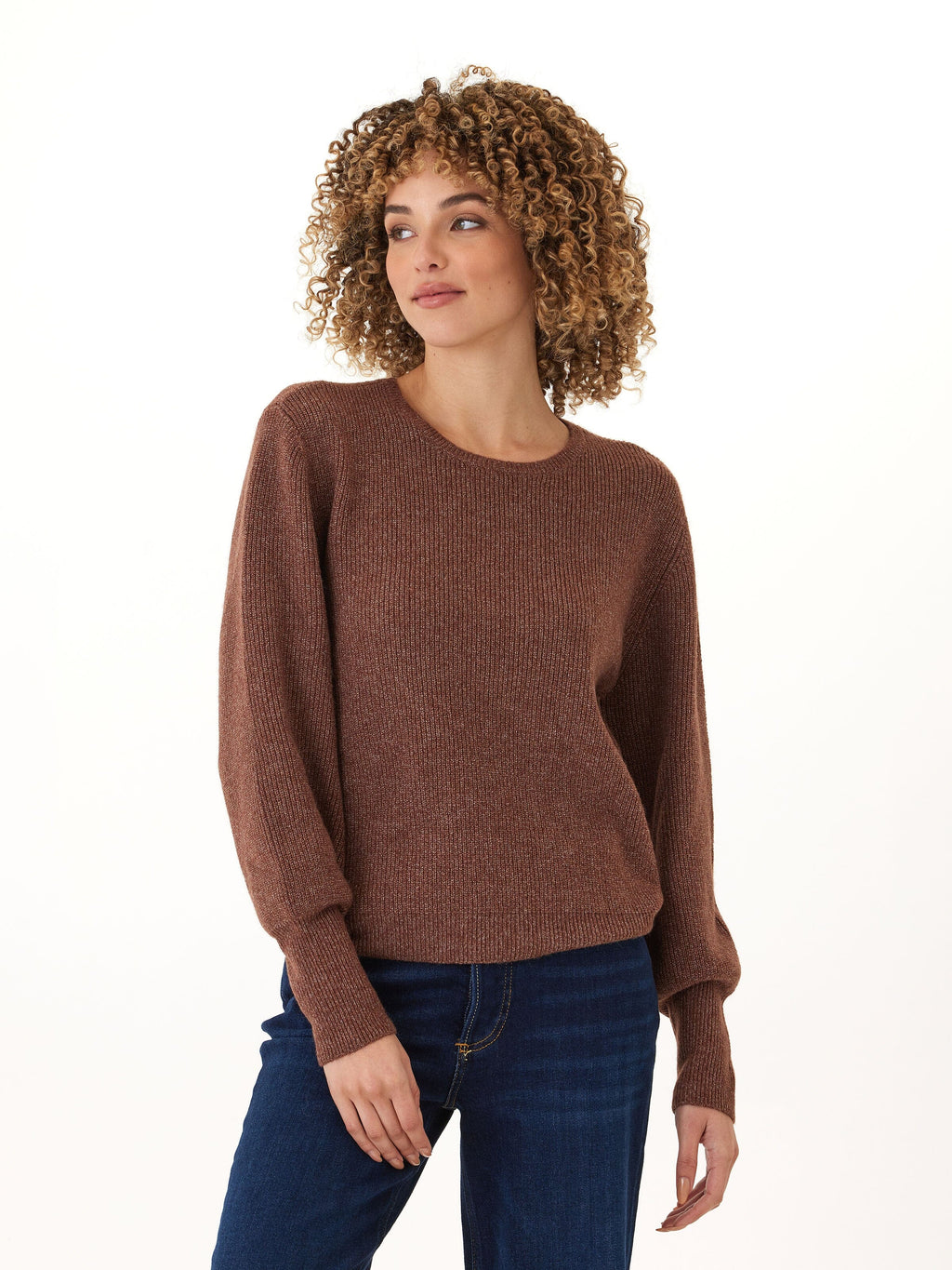 Avalee Cozy Brown Ribbed Knit Crewneck Sweater for Women