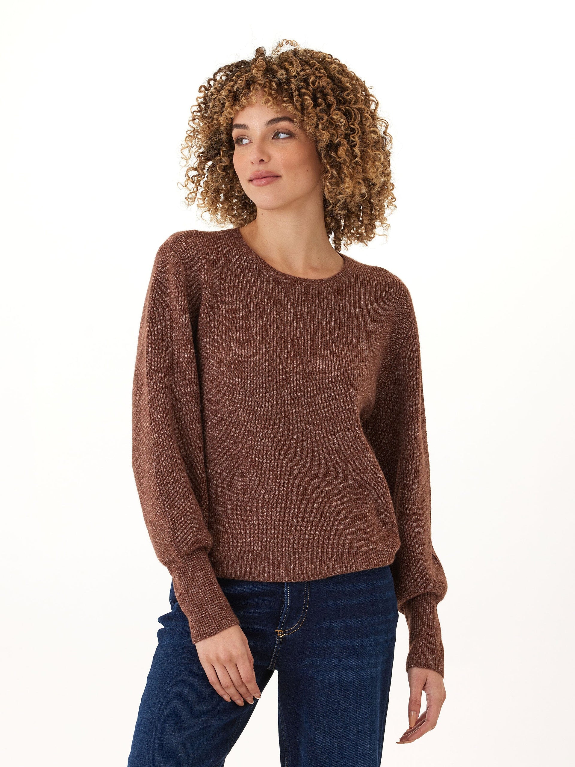 Avalee Cozy Brown Ribbed Knit Crewneck Sweater for Women