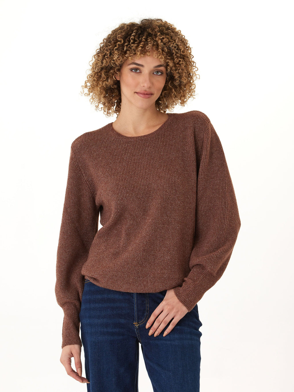 Avalee Cozy Brown Ribbed Knit Crewneck Sweater for Women
