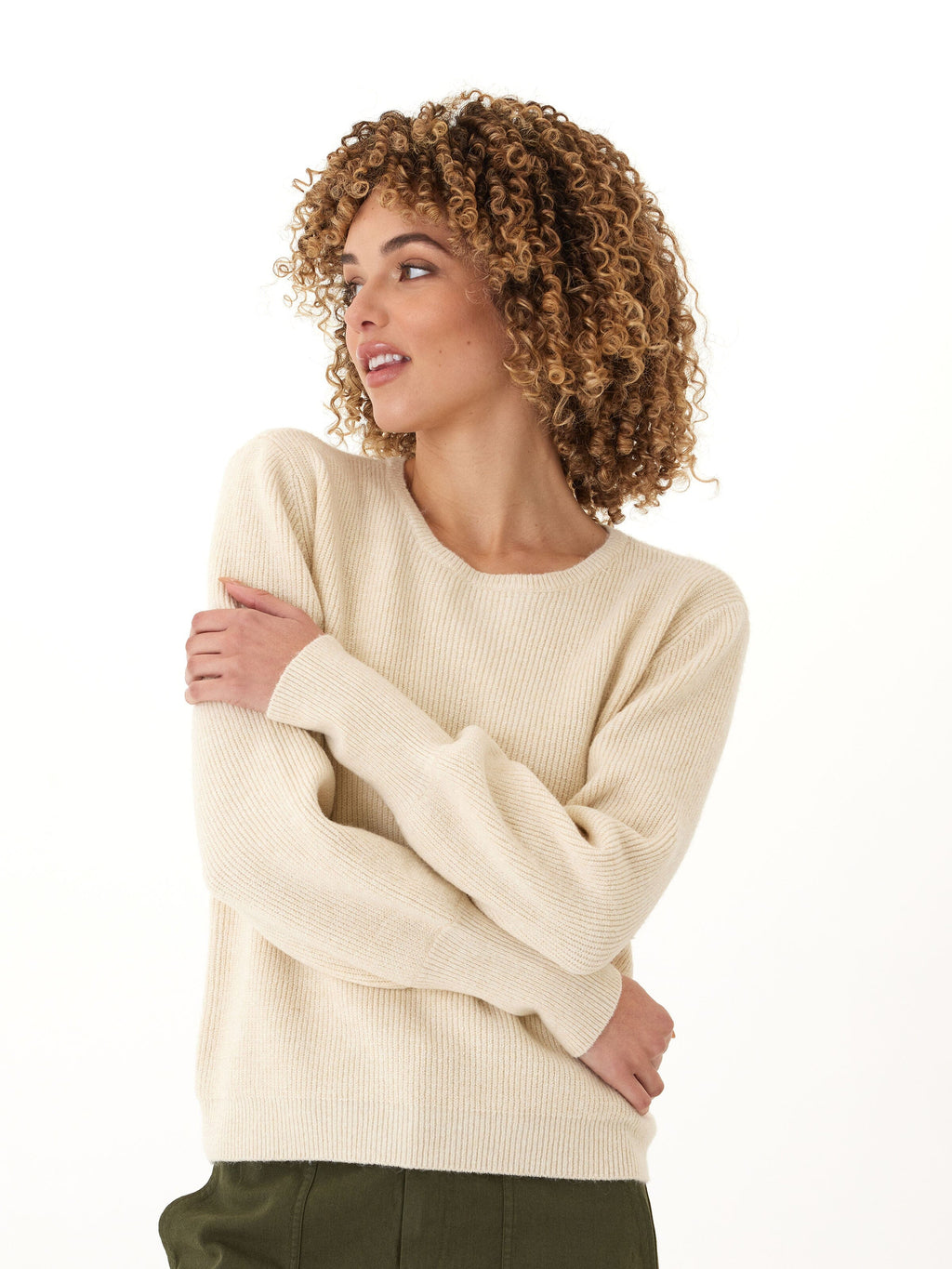 Avalee cozy solid ribbed knit crewneck sweater in beige