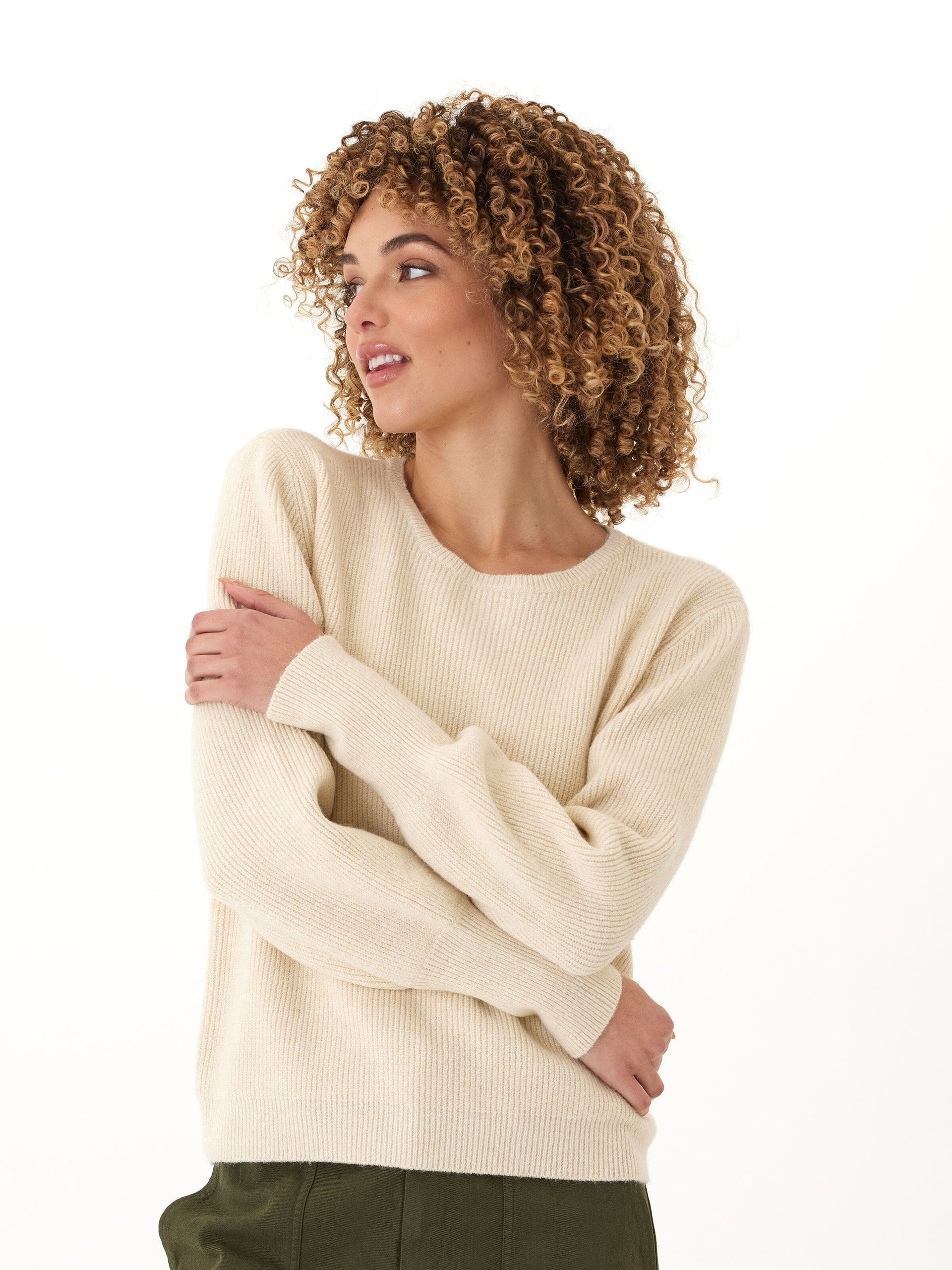 Avalee cozy solid ribbed knit crewneck sweater in beige