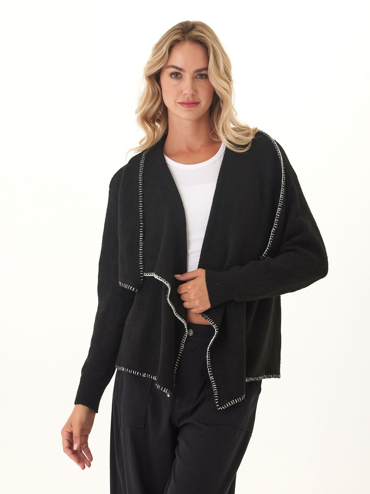 Esmae cozy solid knit open front sweater cardigan in black and white