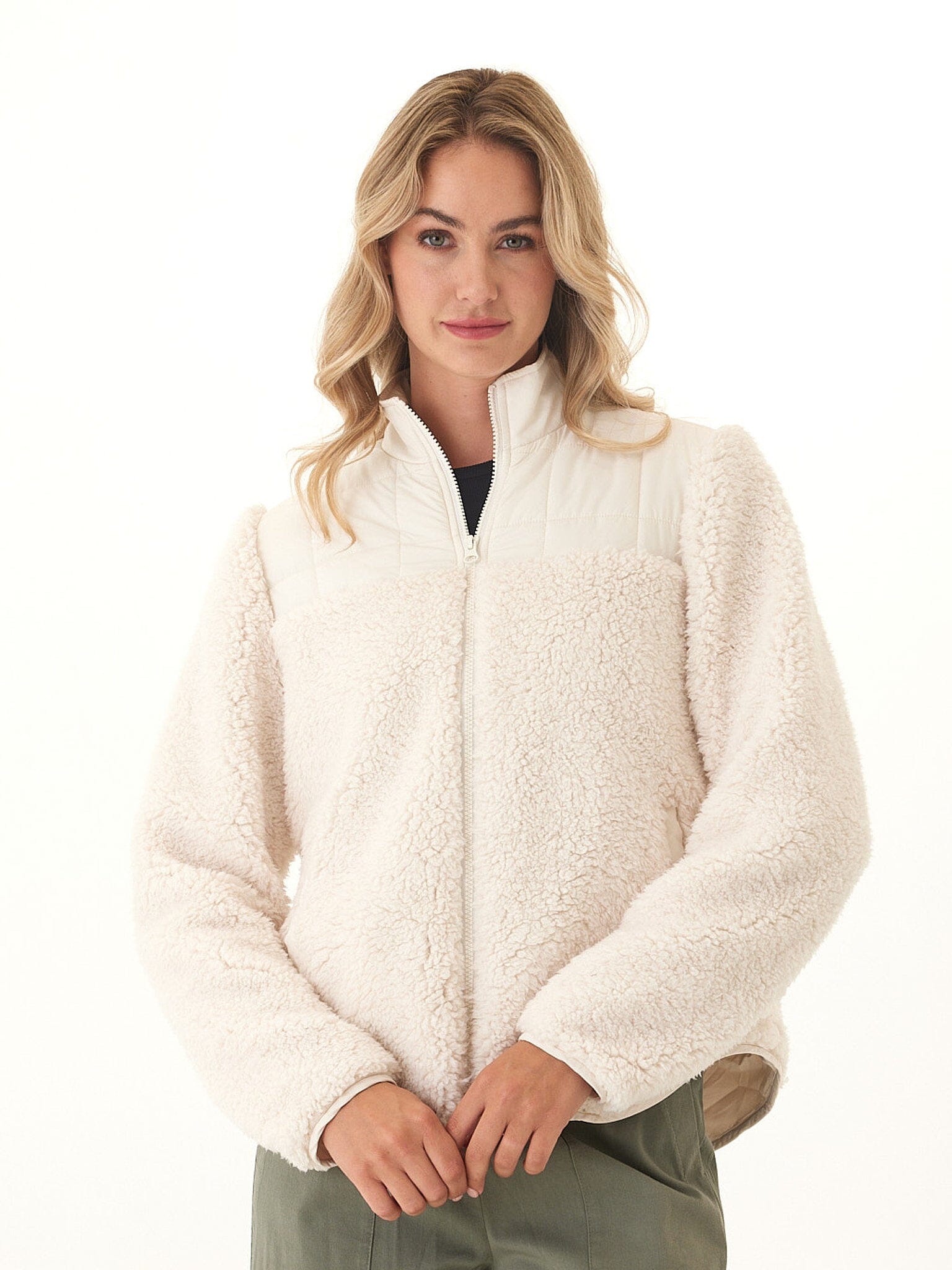 Cream sherpa and puffer mix jacket with stand collar and zip-front closure, relaxed fit.