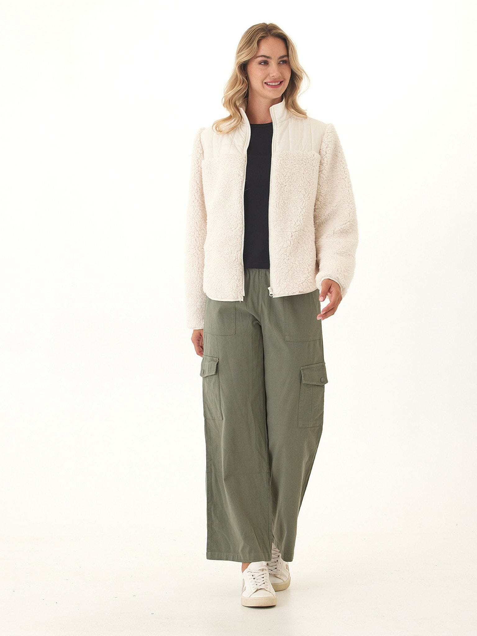 Catherine Puffer Sherpa Mix Jacket - Cream Off-White Relaxed Fit
