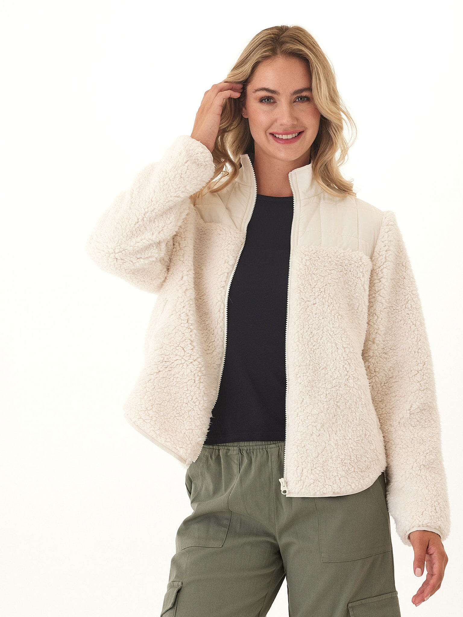 Catherine Puffer Sherpa Mix Jacket - Cream Off-White Relaxed Fit