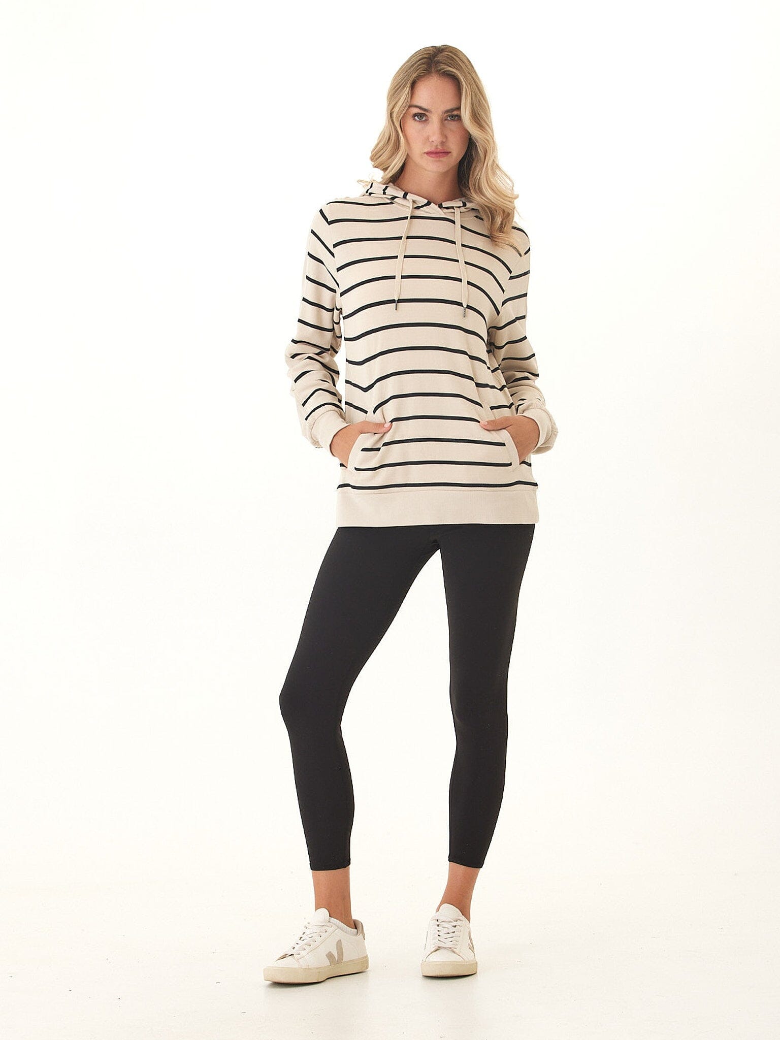 Romi Feather Fleece Rib Mix Striped Hoodie for Women