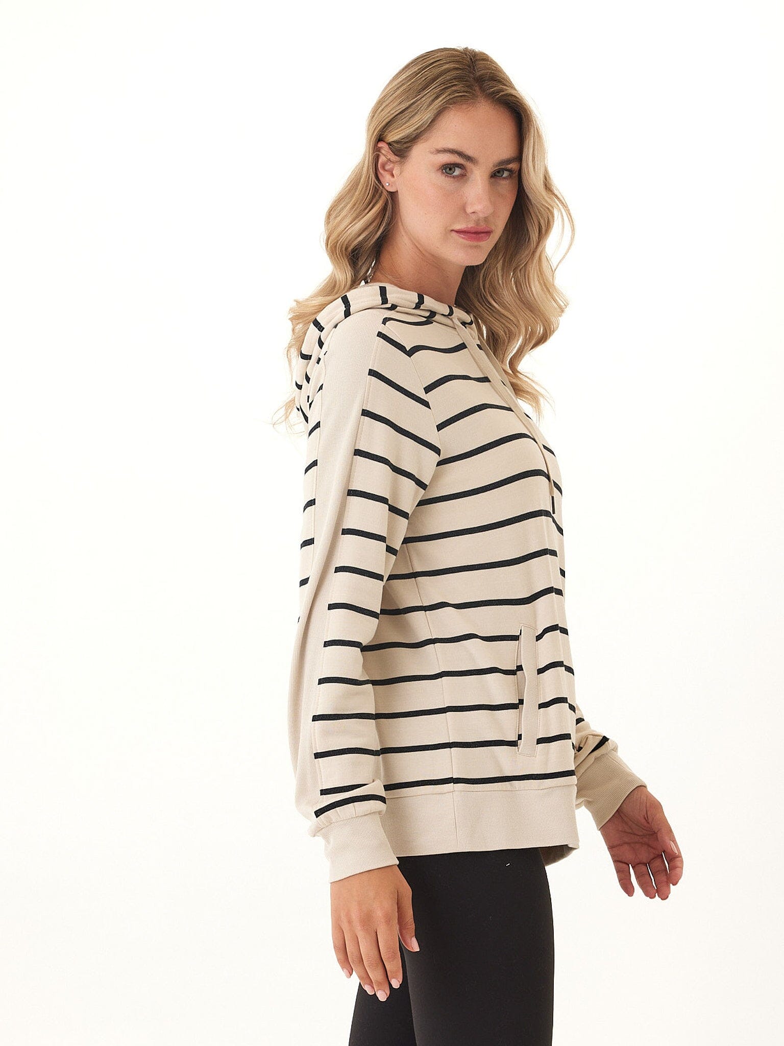 Romi Feather Fleece Rib Mix Striped Hoodie for Women