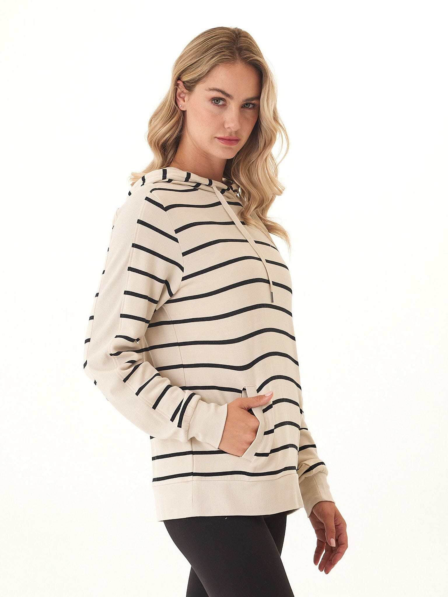 Romi Feather Fleece Rib Mix Striped Hoodie for Women