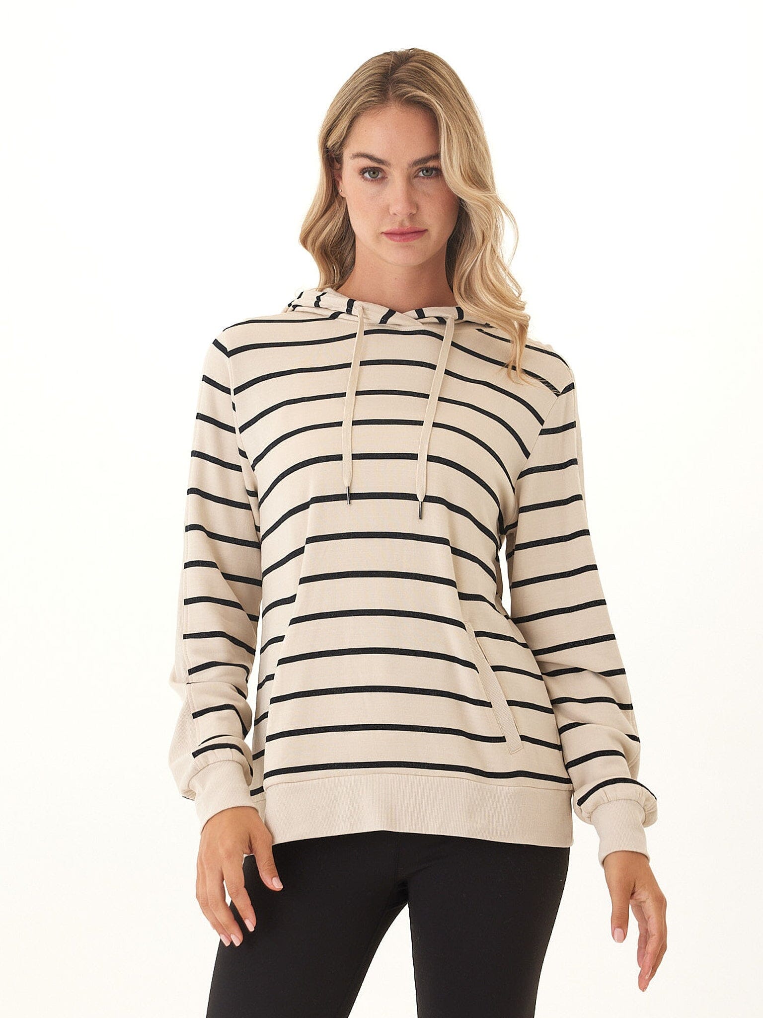 Romi Feather Fleece Rib Mix Striped Hoodie for Women