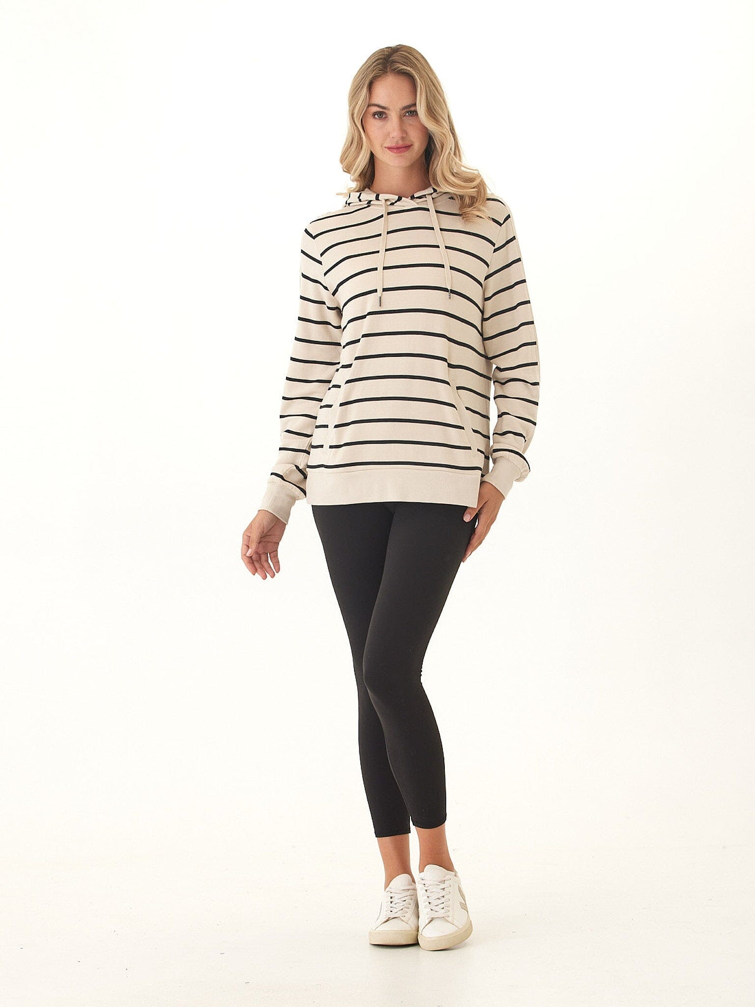 Romi Feather Fleece Rib Mix Striped Hoodie for Women