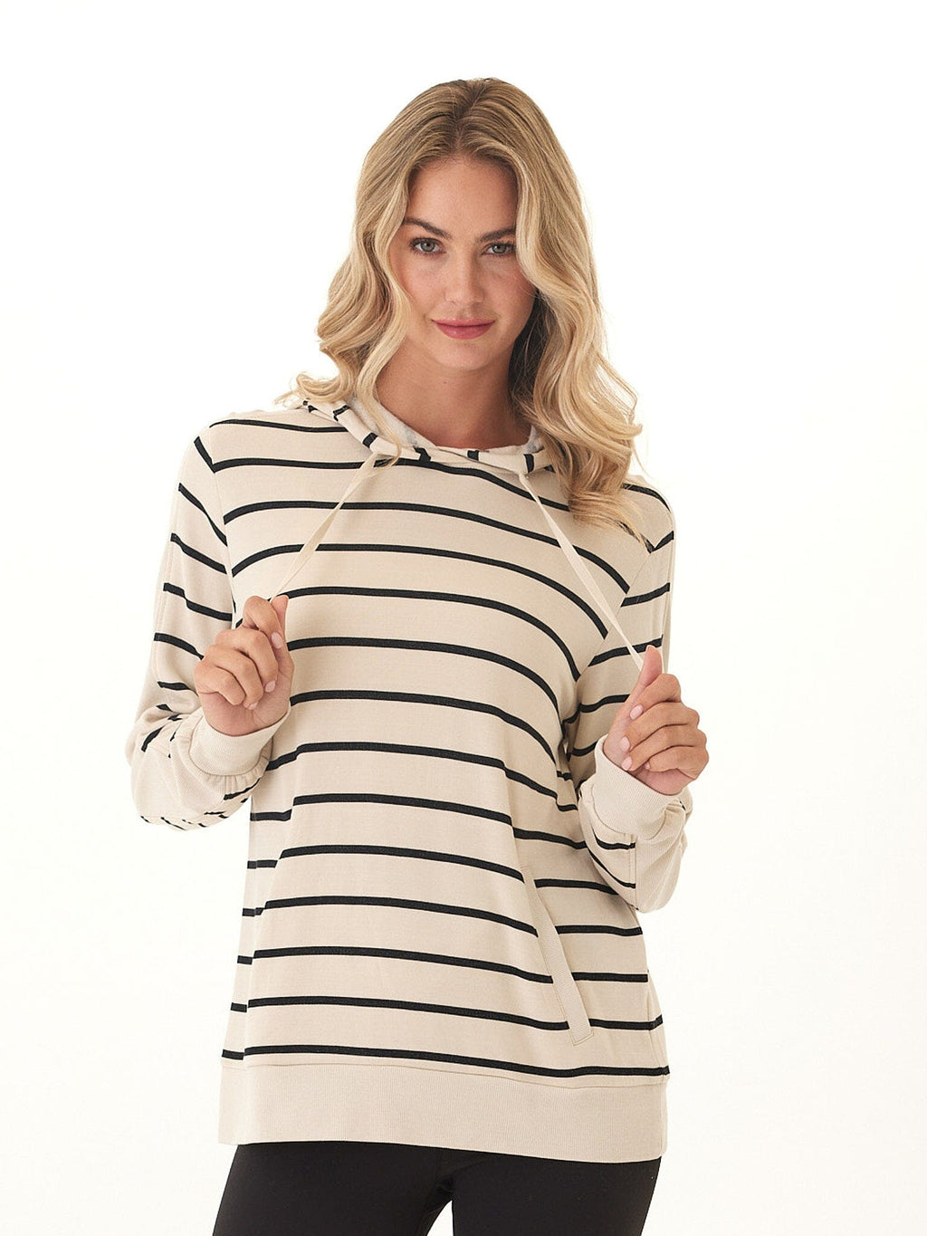 Women wearing a beige and black striped Feather Fleece rib mix hoodie with drawstring hood