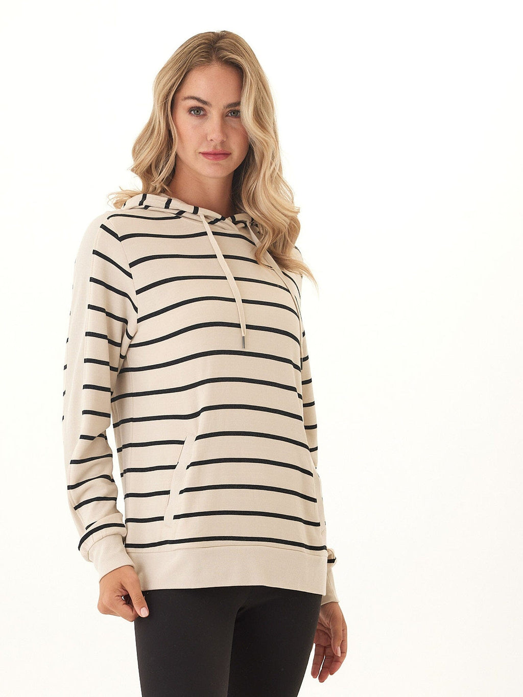 Romi Feather Fleece Rib Mix Striped Hoodie for Women
