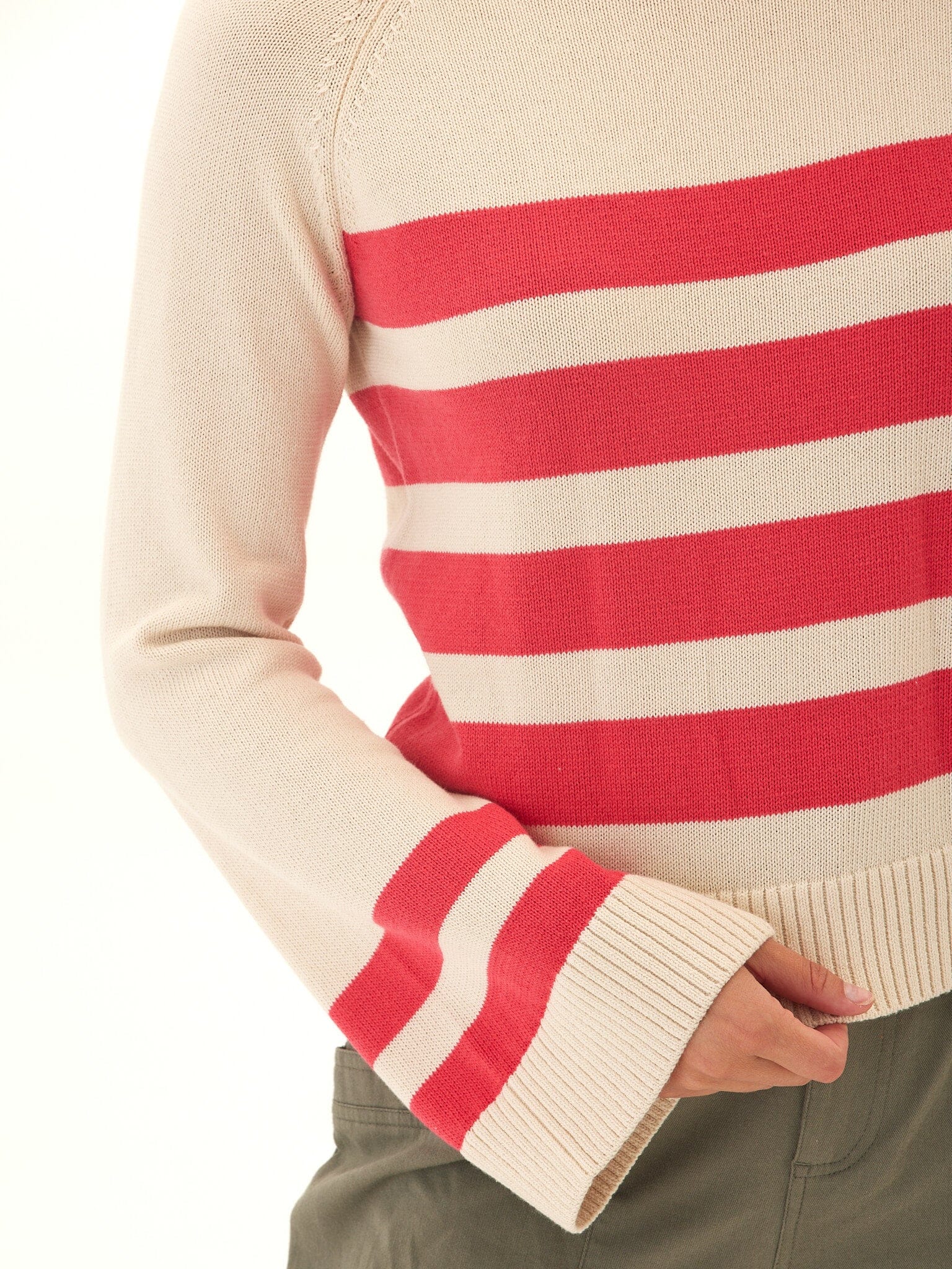 Striped Cotton Blend Raglan Sweater with Flared Sleeves