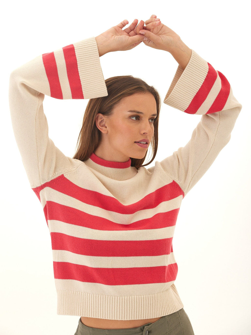 Striped Cotton Blend Raglan Sweater with Flared Sleeves