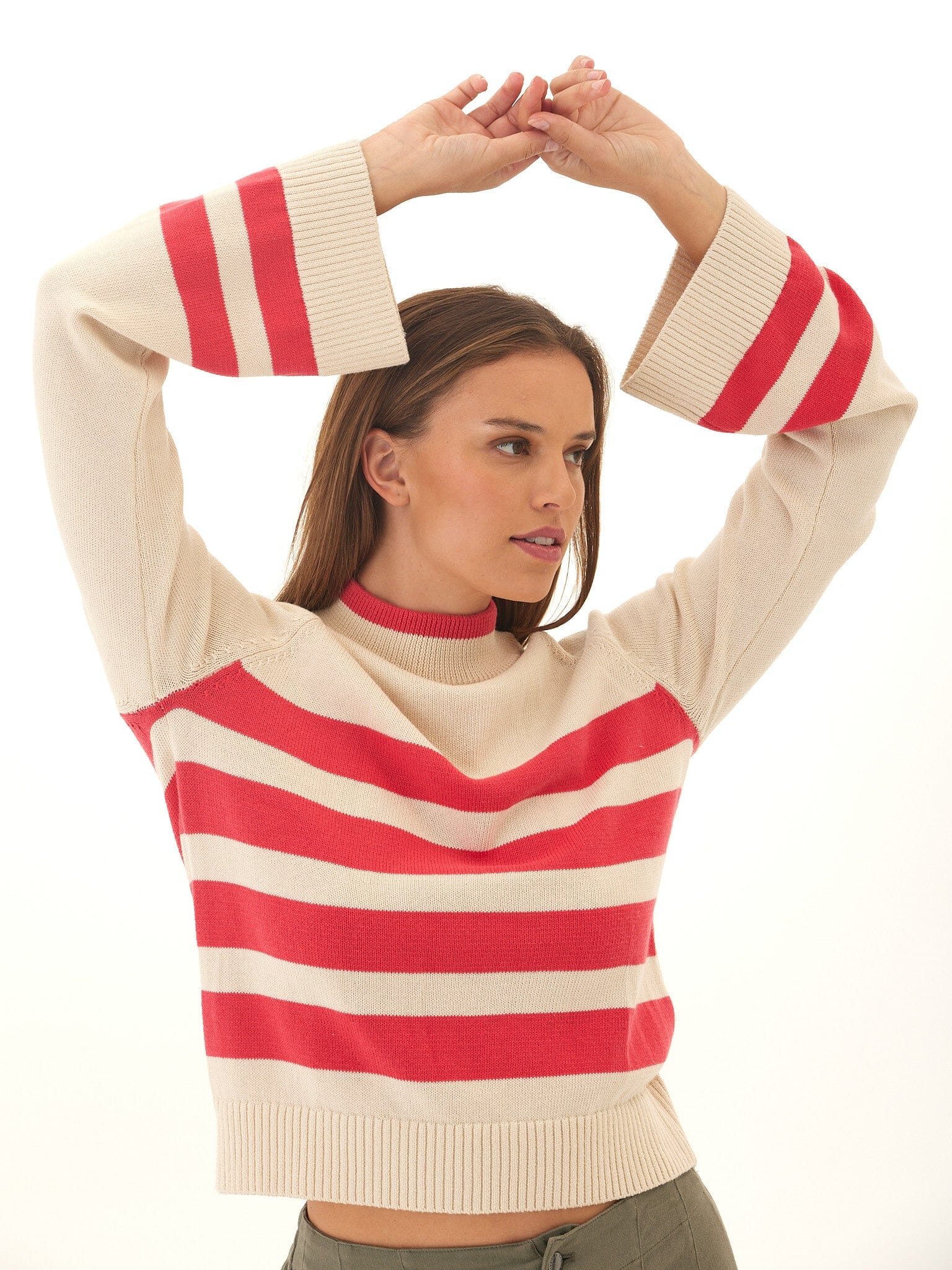 Striped Cotton Blend Raglan Sweater with Flared Sleeves