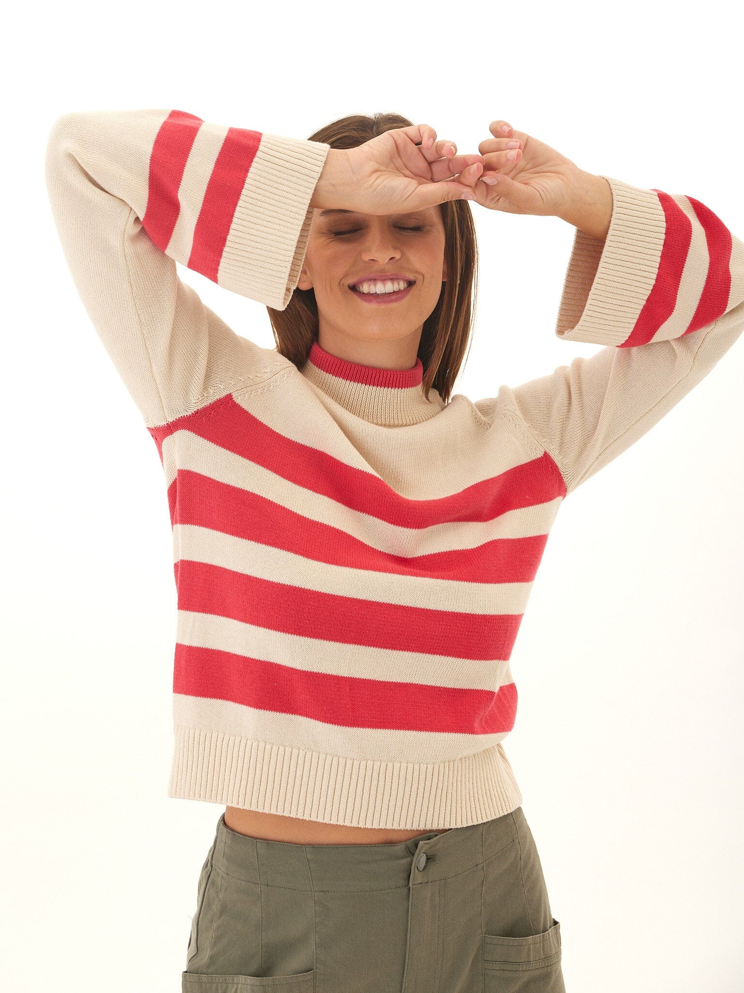 Striped Cotton Blend Raglan Sweater with Flared Sleeves