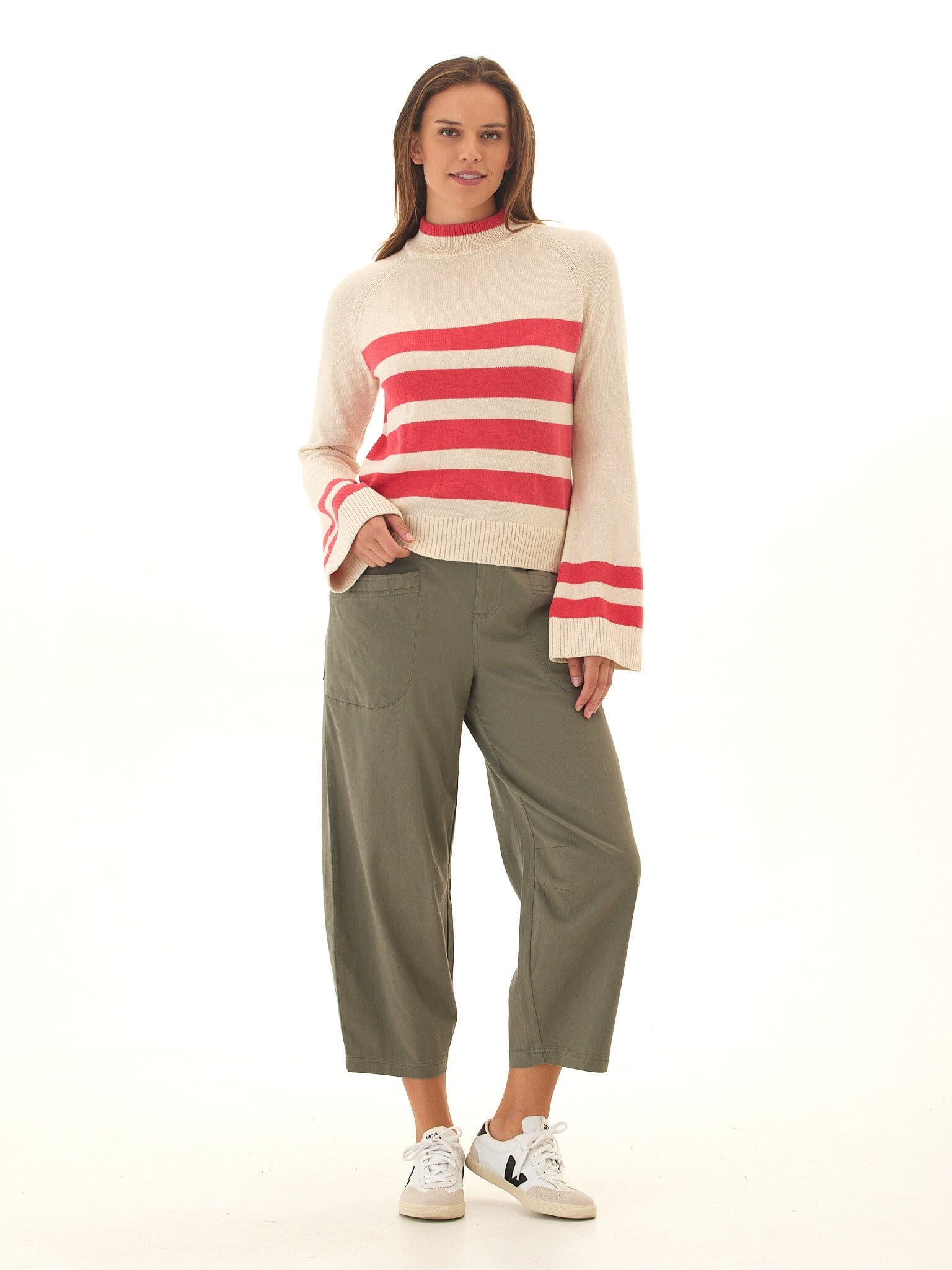 Striped Cotton Blend Raglan Sweater with Flared Sleeves