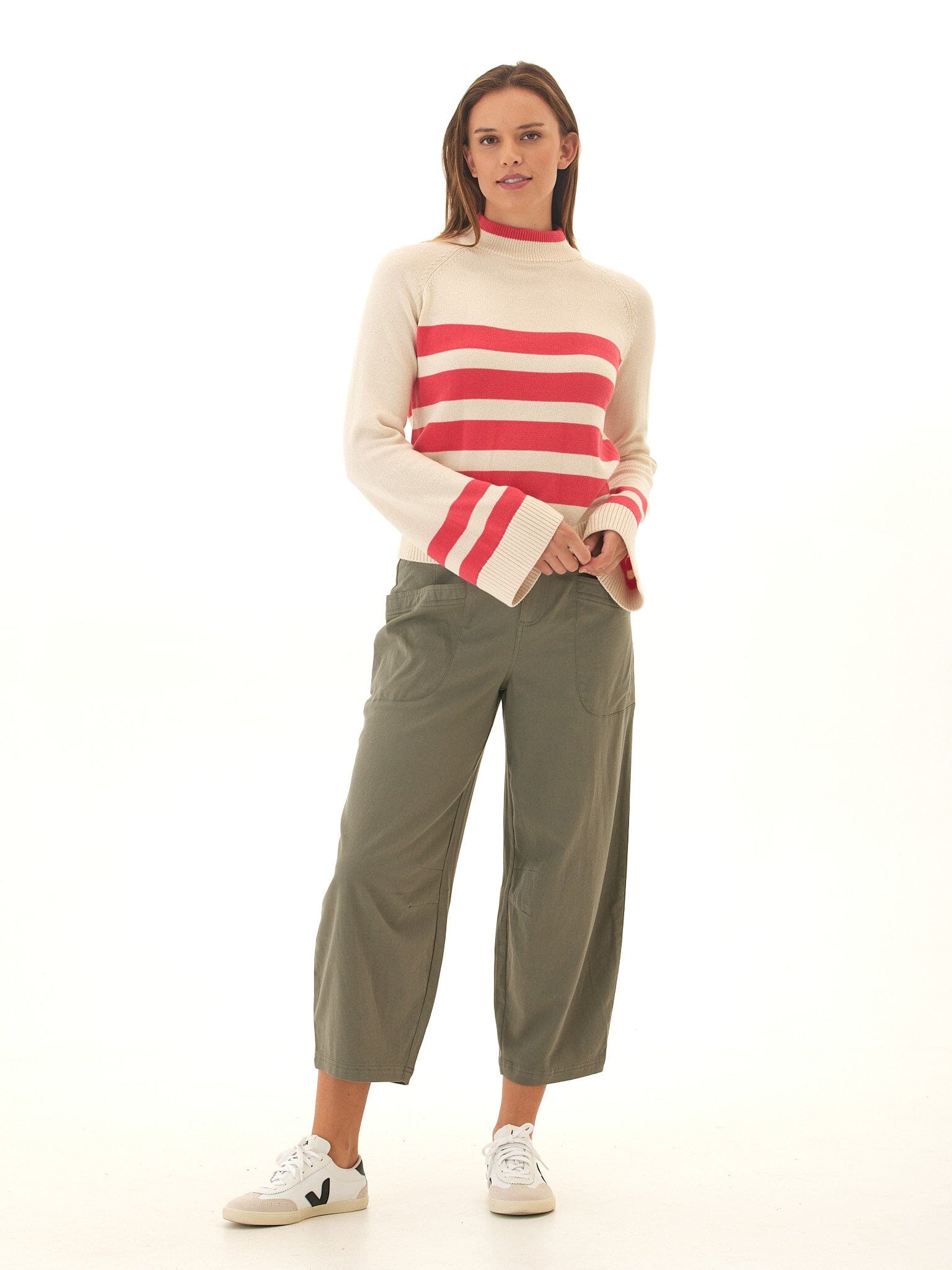Striped Cotton Blend Raglan Sweater with Flared Sleeves