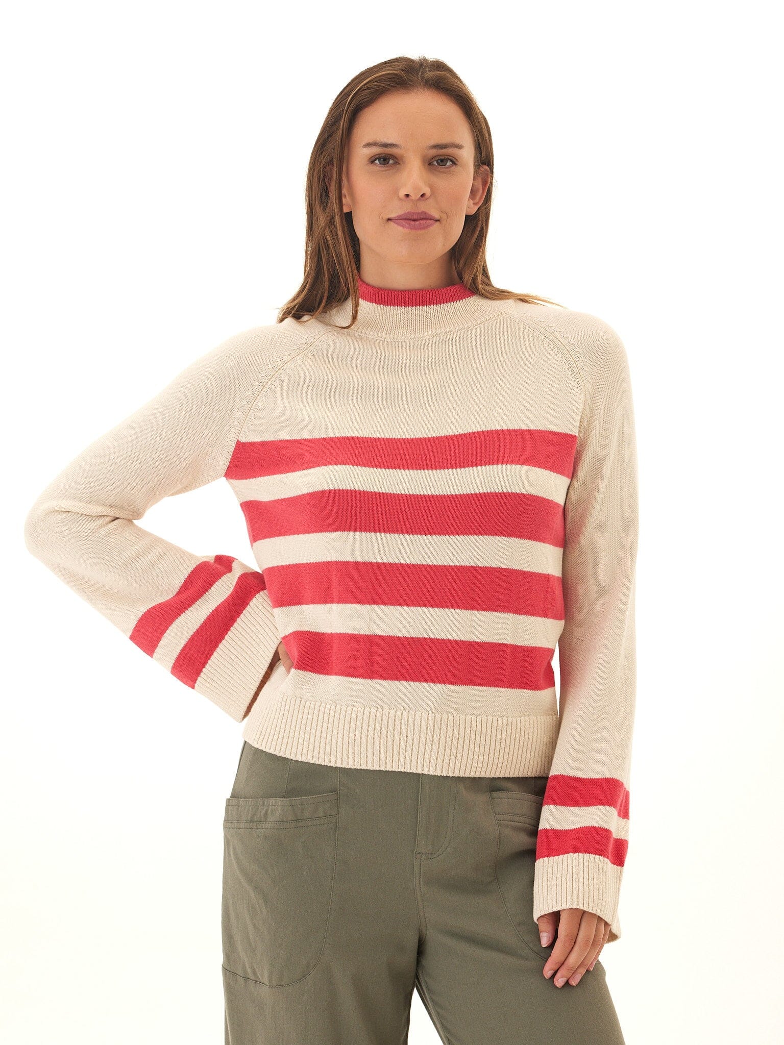 Striped Cotton Blend Raglan Sweater with Flared Sleeves
