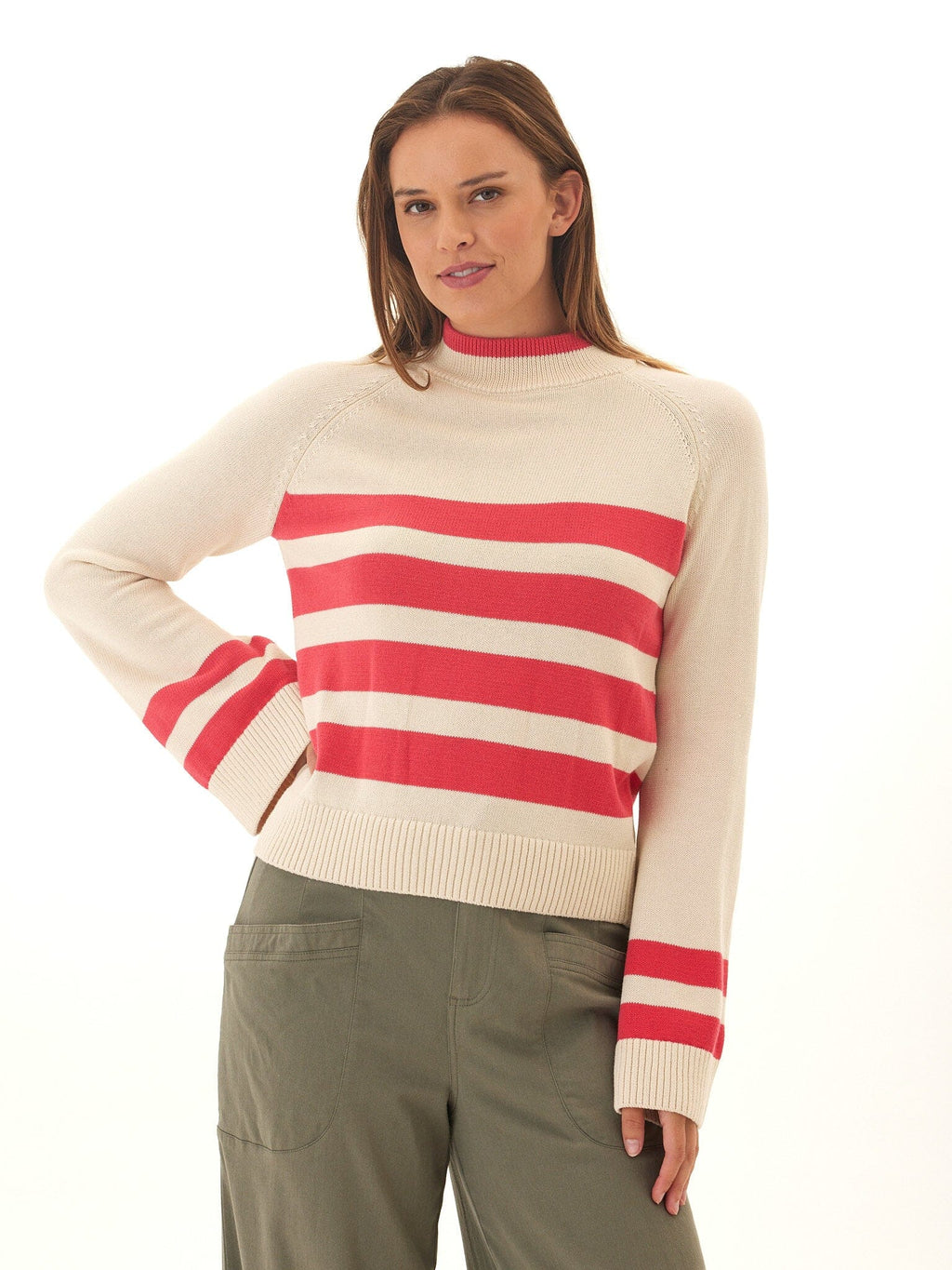 Striped Cotton Blend Raglan Sweater with Flared Sleeves