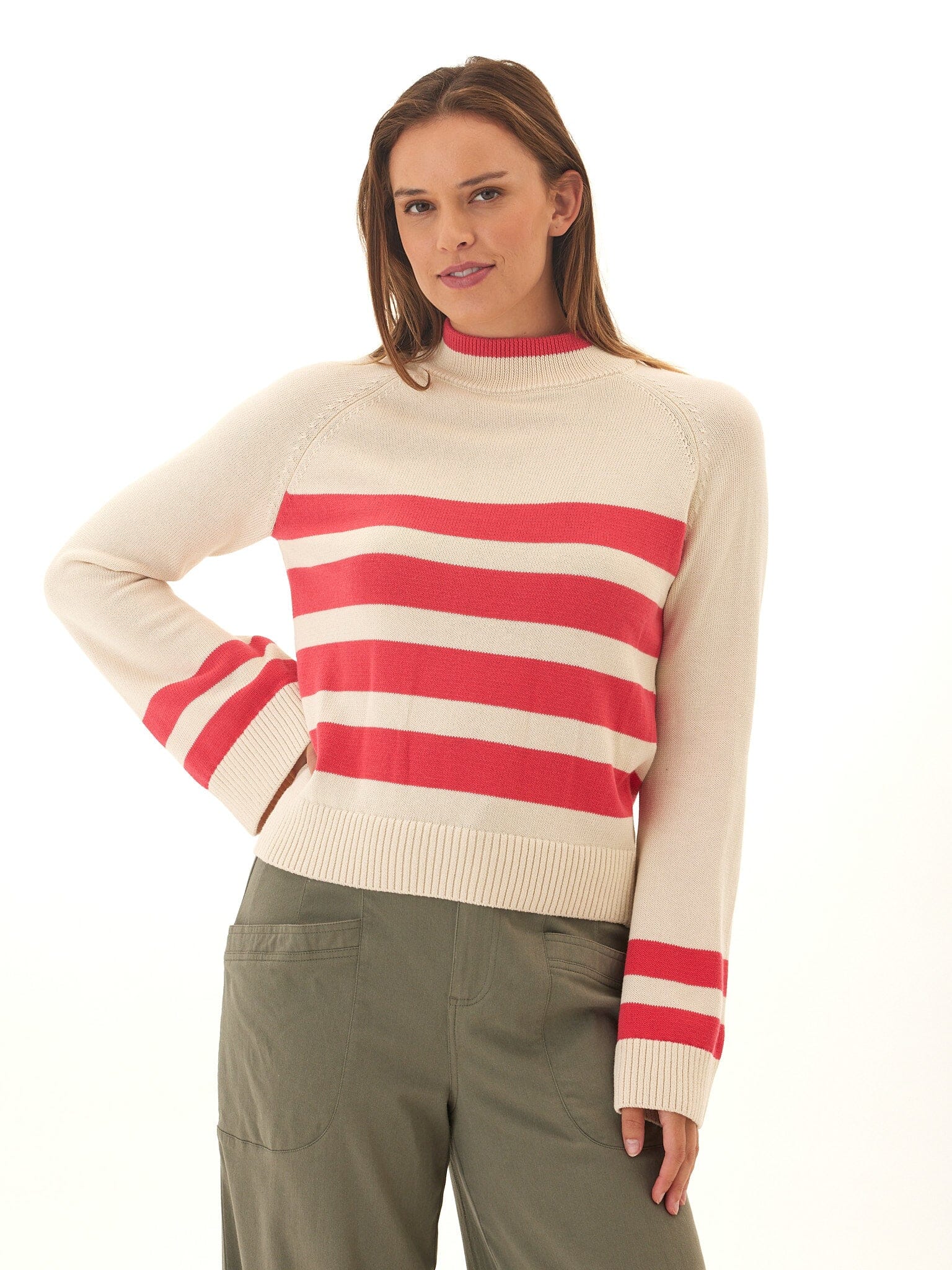 Striped Cotton Blend Raglan Sweater with Flared Sleeves