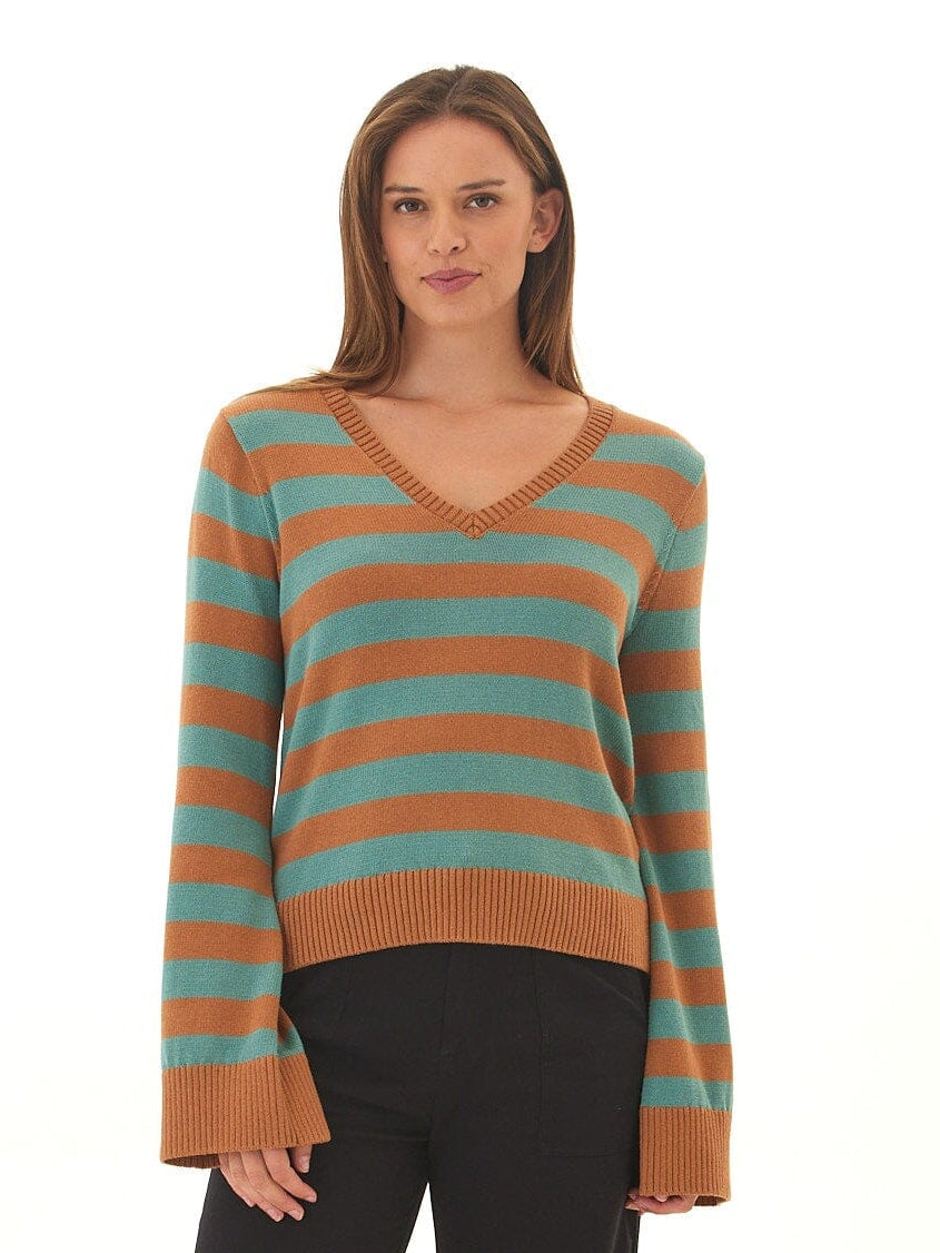 Kiley Summit Stripe V-Neck Cotton Blend Bell Sleeve Sweater